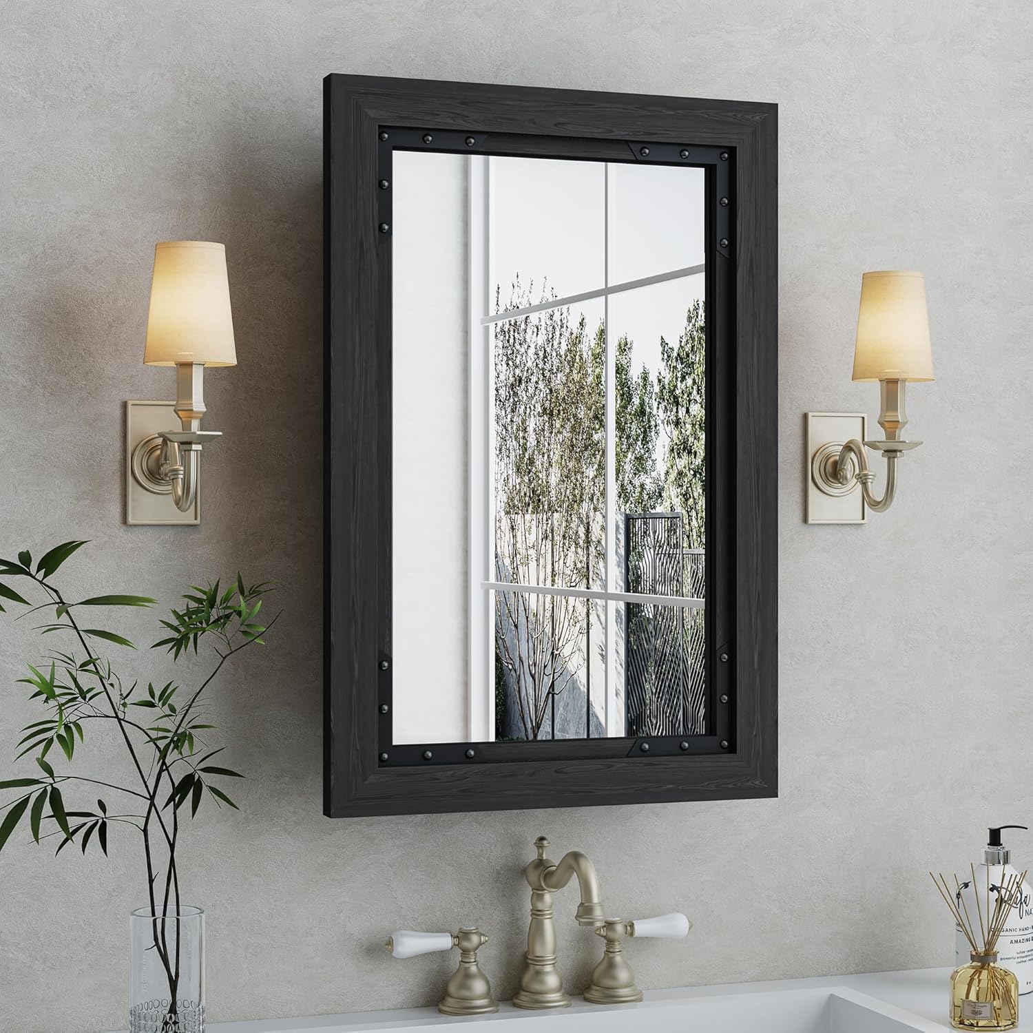 Medicine Cabinet Mirror 24 x 36 Inch Farmhouse Bathroom Mirror Door Paulownia Wood Storage Cabinet with Adjustable Shelves, Wall Mounted for Bathroom Living Room, Black 24 x 36 inch Black