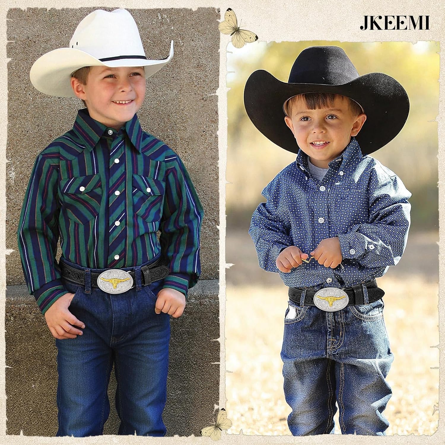 Kids Western Belt Leather with Bull Horse Buckle for Boys Cowboy Outfits