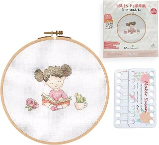 Loves Reading Pattern Counted Cross Stitch Kits for Adults and Beginners with Wooden Hoop, DMC Fabric, Threads and Needles, Embroidery Thread Floss Organizer Cards, Embroidery Kit (E2002)