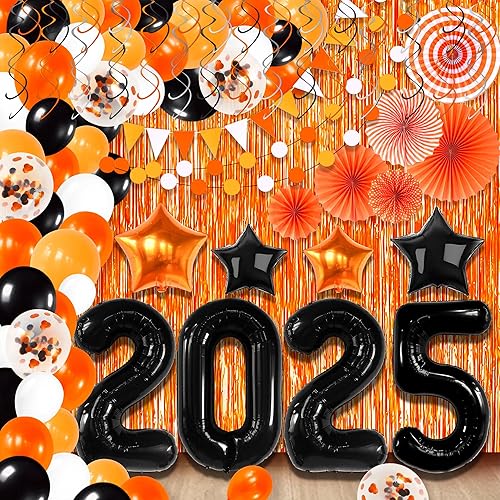 KatchOn, Decoraciones de graduación naranja y negro 2024 Paquete de 168 Kit de arco de globos 2024 con telón de fondo de flecos naranjas