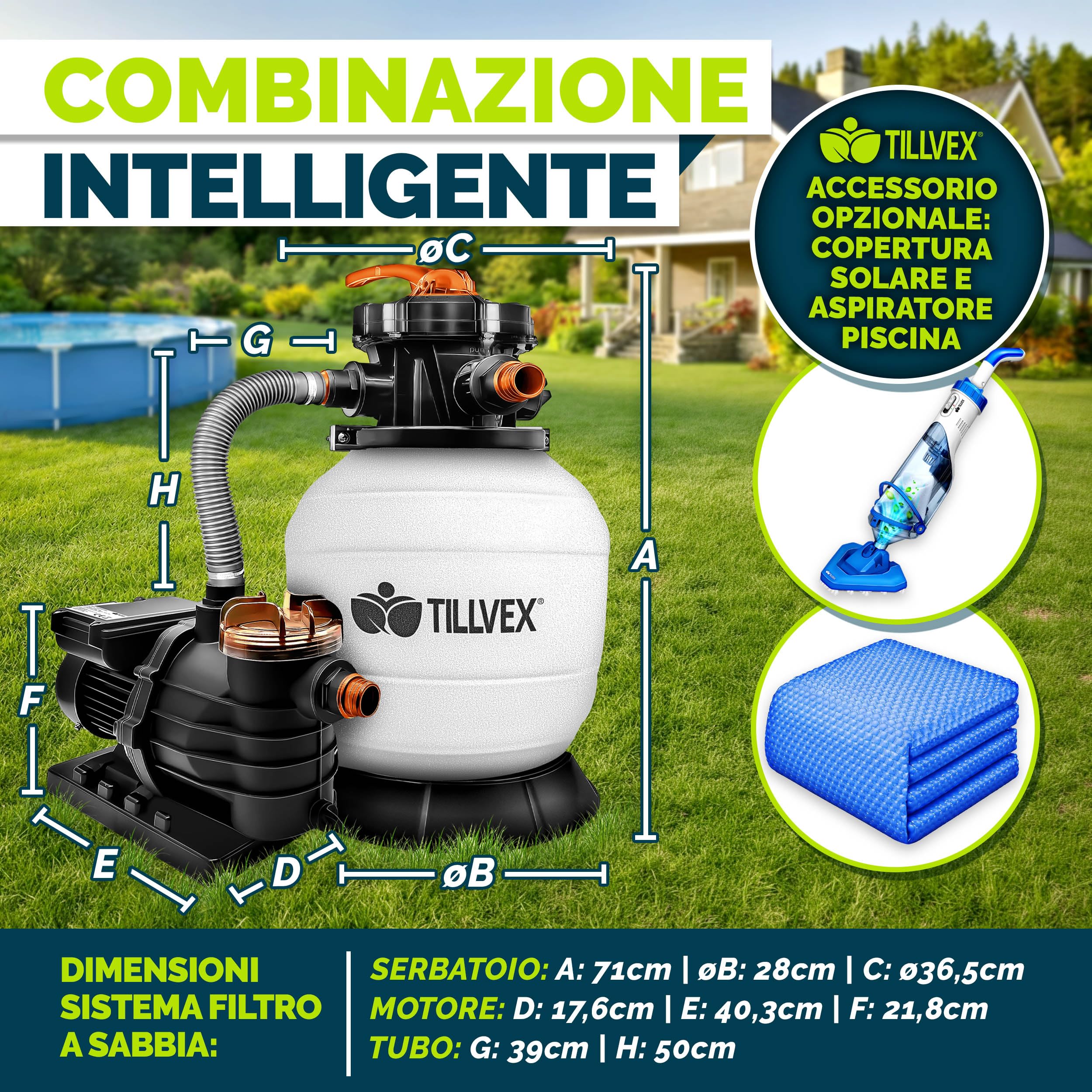 tillvex Pompa Filtro Piscina Portata 13.200L/h fino 40.000L | 7 funzioni filtrazione | Adattatore 2in1 Ø32-38mm + indicatore pressione | Filtro sabbia piscine (Bianco/Arancione)