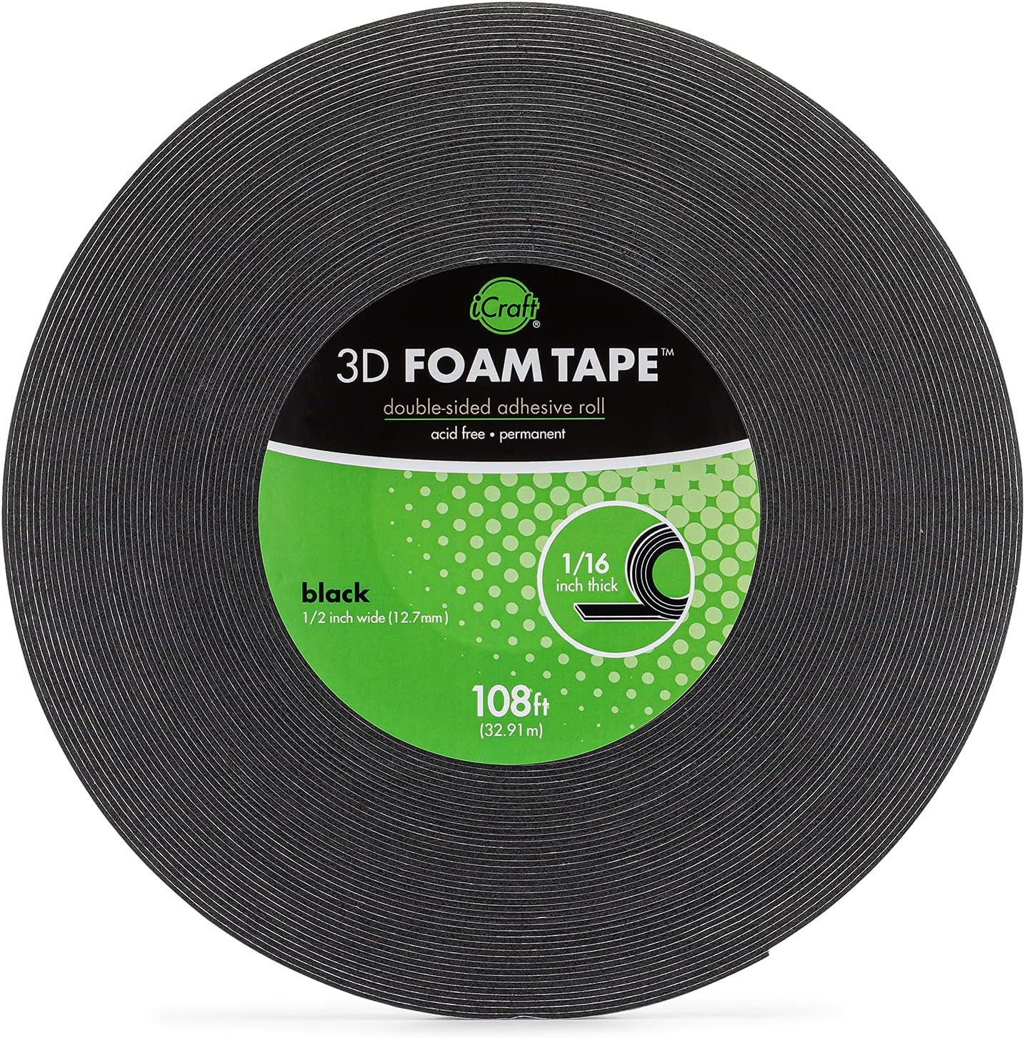 iCraft 5608 3D Foam Tape Jumbo Rolls, Black, 1/16 inch; 108 feet