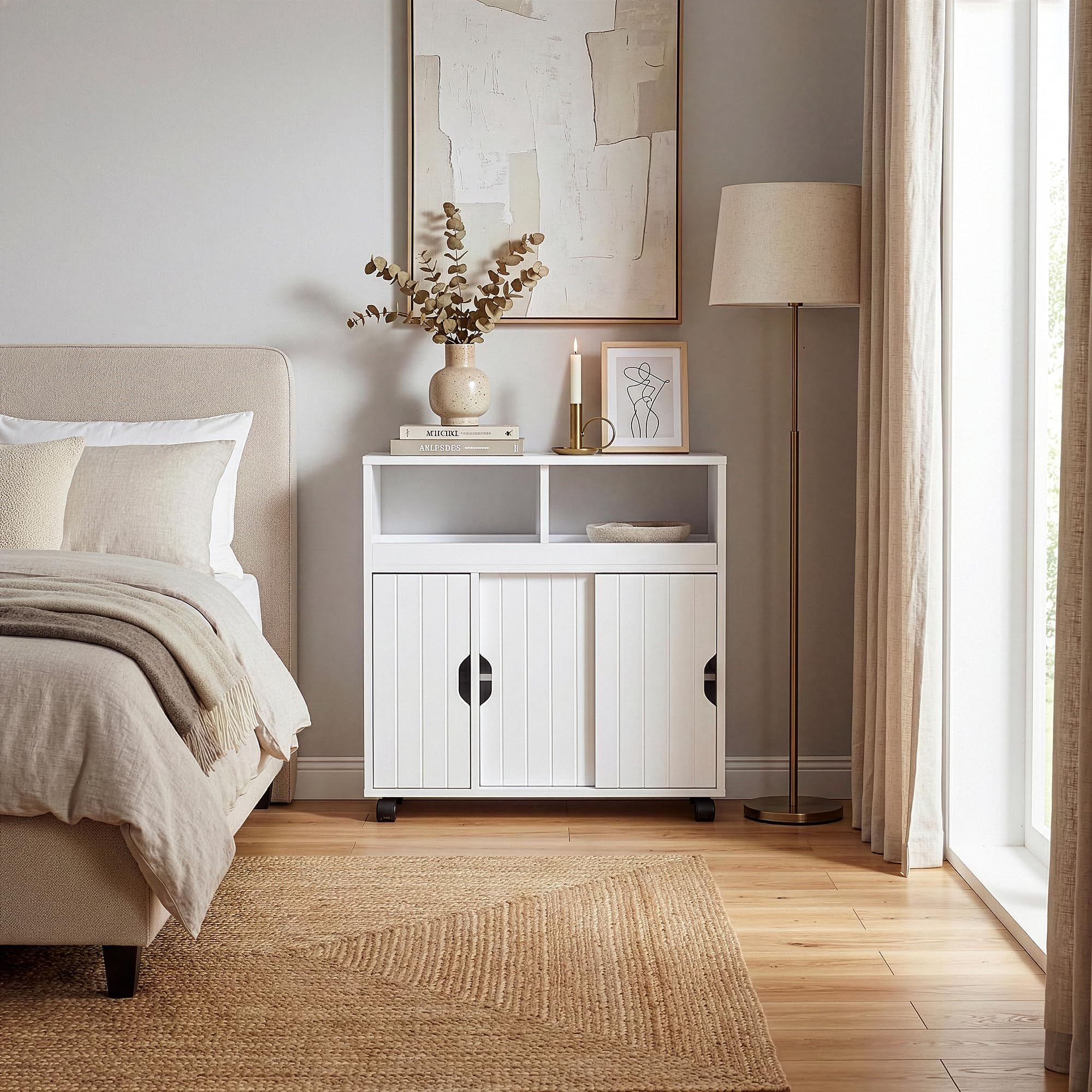 [en.casa] Armario Rodante Delgado Fadeskimma con 2 Compartimentos Abiertos y 3 Puertas Carrito Auxiliar con Ruedas Mueble Baño Carro de Almacenamiento Cocina 72 x 70 x 20 cm - Blanco