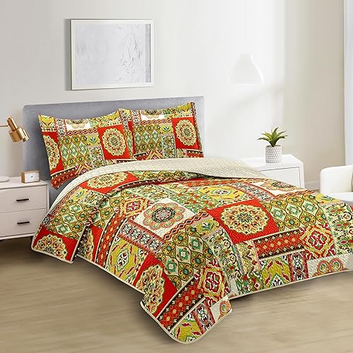 Miniatura 2 de Juego de edredón bohemio de 3 piezas, tamaño King, color naranja, reversible, bohemio, floral, para todas las estaciones, juego de ropa de cama de