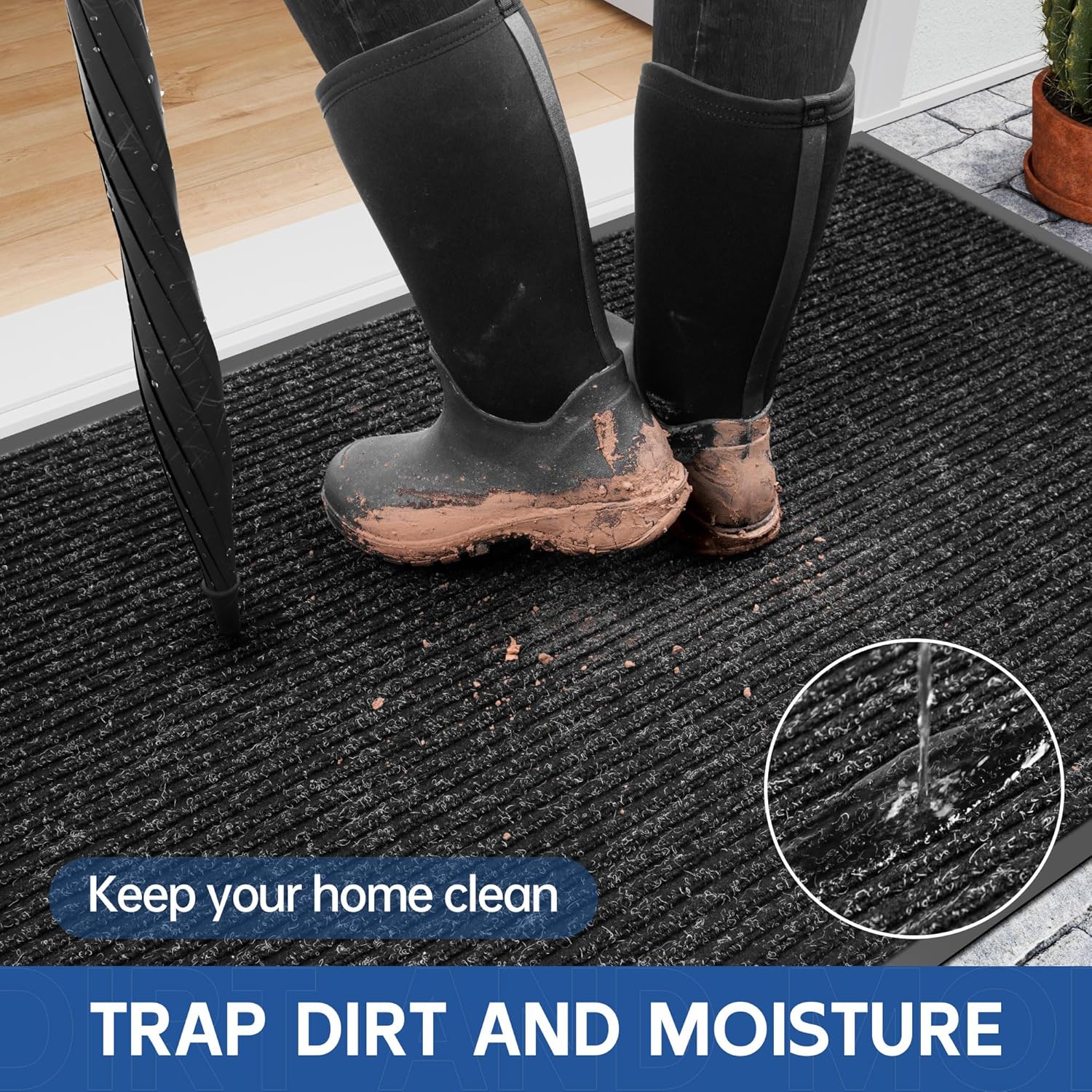 Front Door Mat, 10' x 3' Heavy Duty Indoor Outdoor Door Mat Entrance, Commercial Welcome Mats, Stain and Fade Resistant, Durable Rubber Backing, Low Profile Entry Mat for Patio, Black Stripe