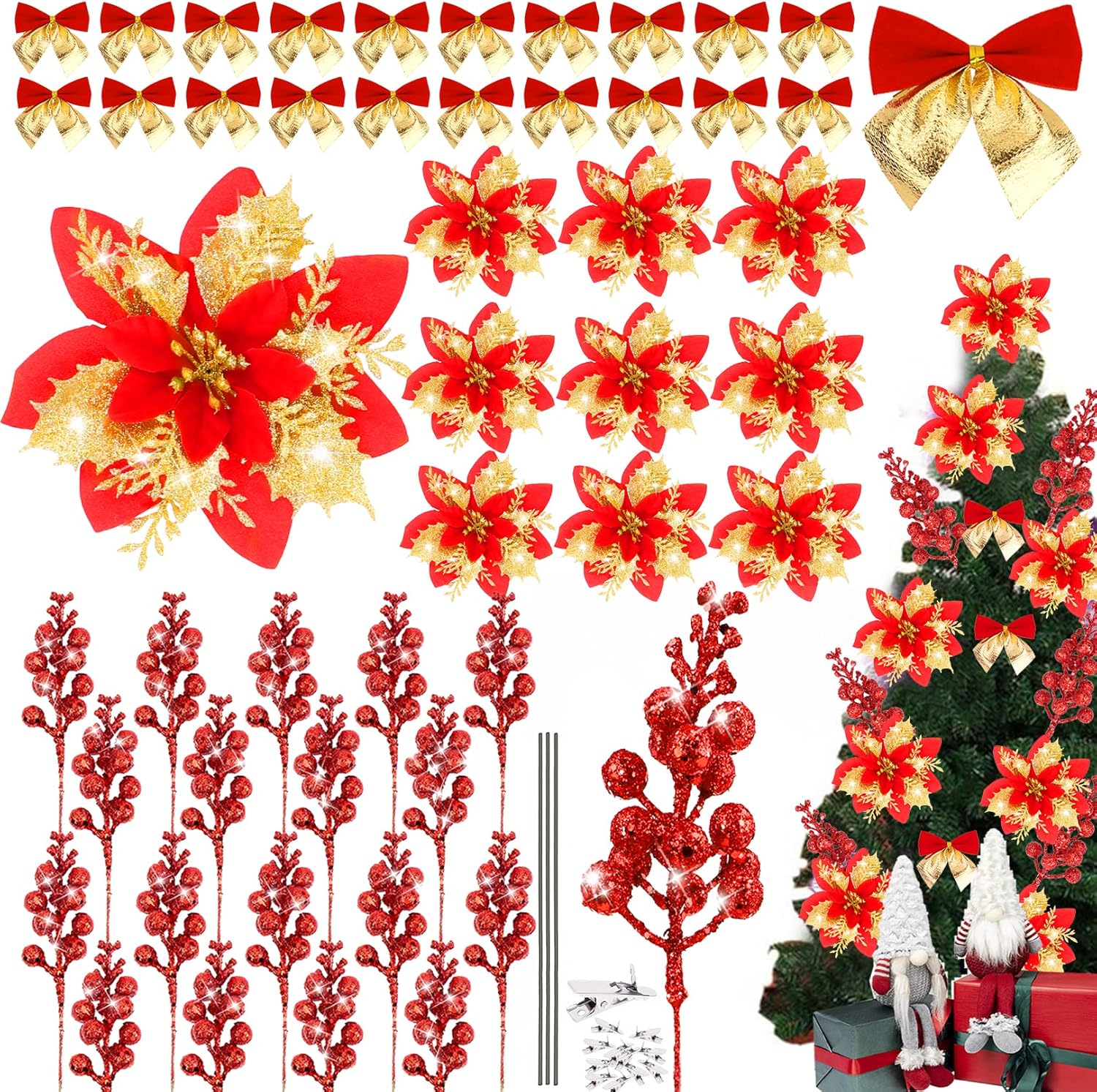 Amazon.com: 54PCS Clip On Poinsettias Christmas Tree Decorations Set ...