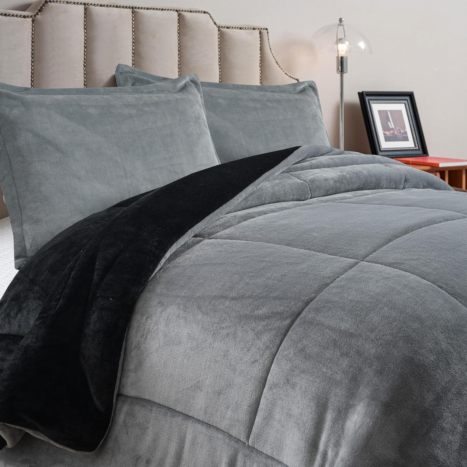 Petrichor Velvet Flannel King Comforter Set- Gray and Black Blanket,Luxury Fuzzy Heavy Bedding Set, 3 Pieces Plush Winter Bed Set with Comforter (90"x104") & 2 Pillow Shams (20"x36")