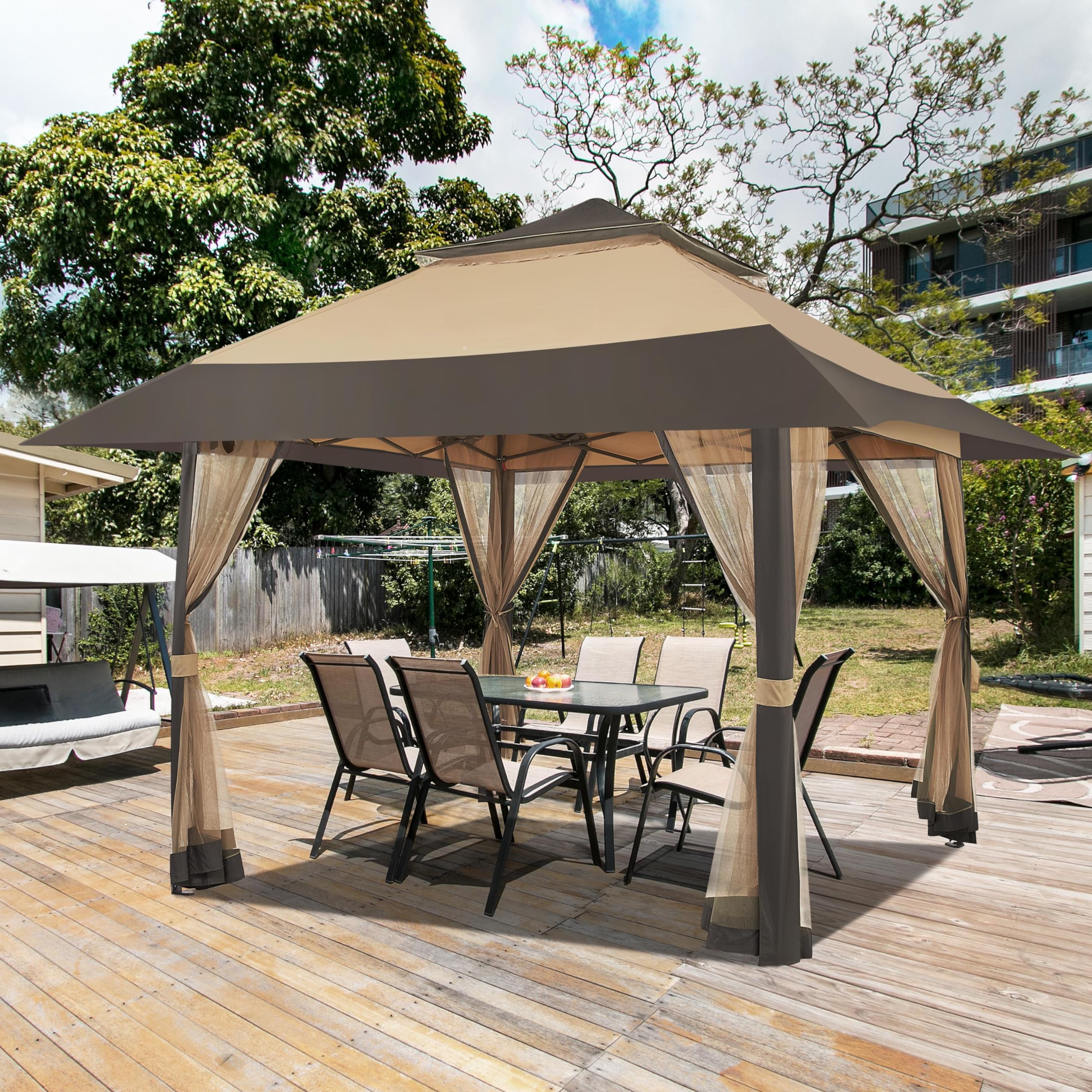 Yaheetech Gazebo da Giardino 4x4 m con Zanzariera Struttura in Metallo Doppio Tetto Kaki