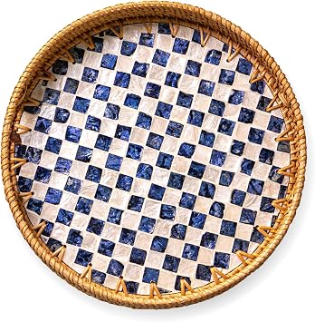 JUNGLE CULTURE Large Rattan Serving Tray 34cm /14" with Mother of Pearl Inlay   Coastal Boho Collection   Handmade Serving Tray with Handles   Round Woven Table Trays for Home   Wicker Basket   Drift
