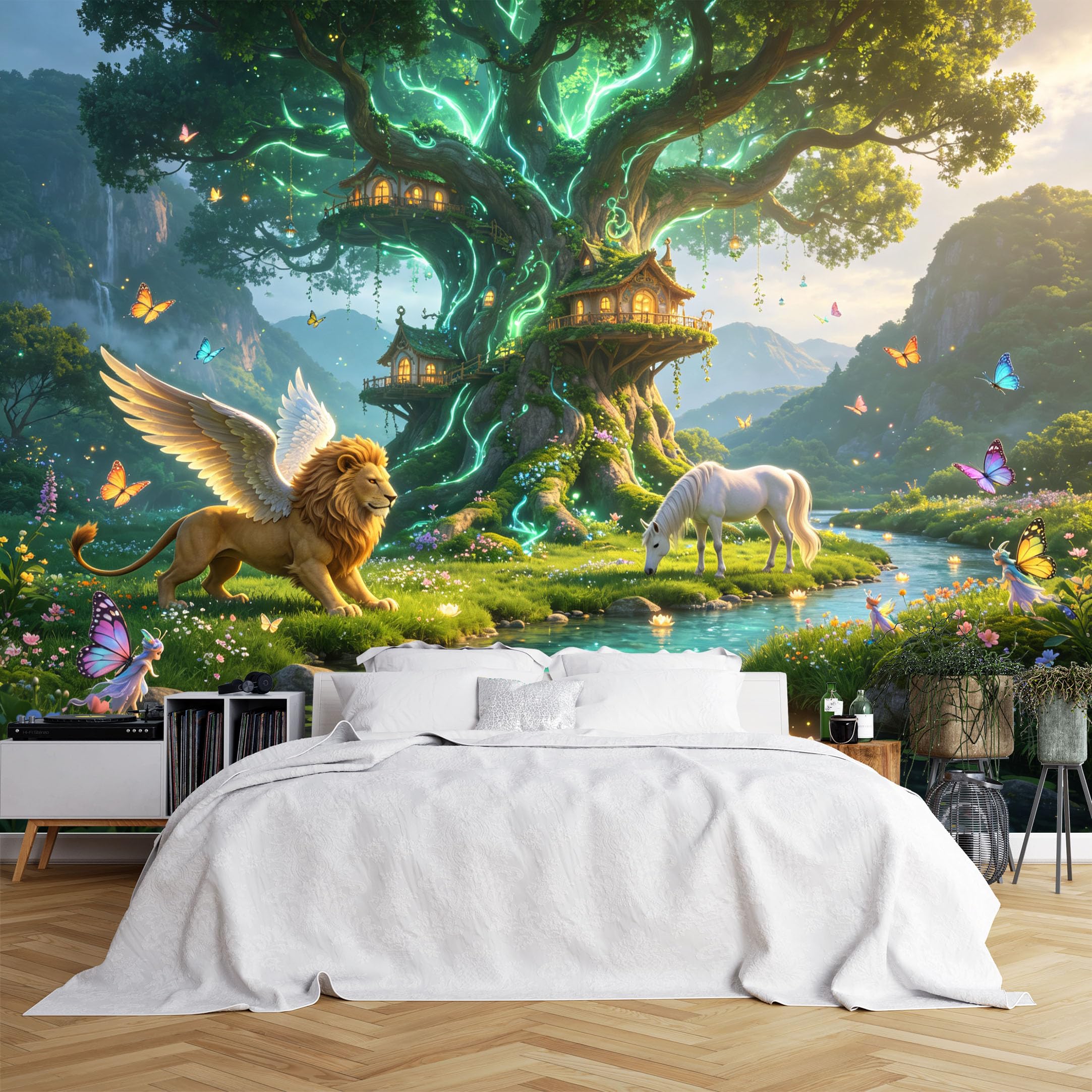 Custom Size Wall Murals Magical Forest with Glowing Treehouse and Fantasy Creatures Wall Murals Fairy Tale Wallpaper, Vivid Self-Adhesive Removable Wallpaper for Living Room