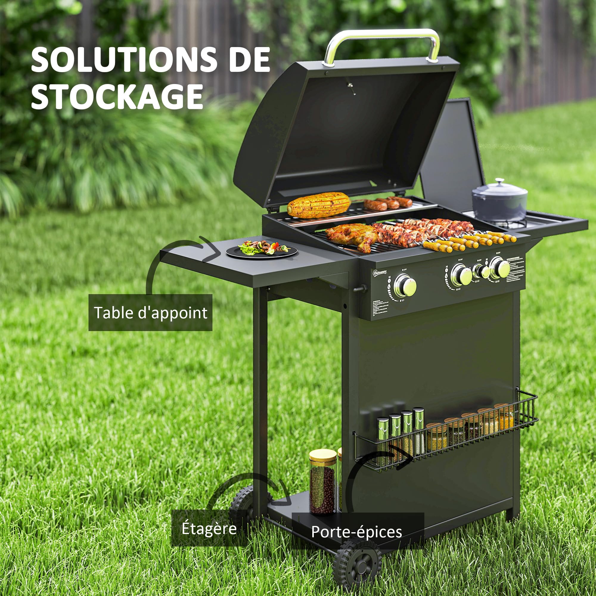 Outsunny Barbecue gaz 3+1 brûleurs en acier, puissance 9,5 kW, barbecue de jardin 2 grilles en chromé, étagères latérales, 2 roues, thermomètre, couvercle, pour camping et terrasse, noir
