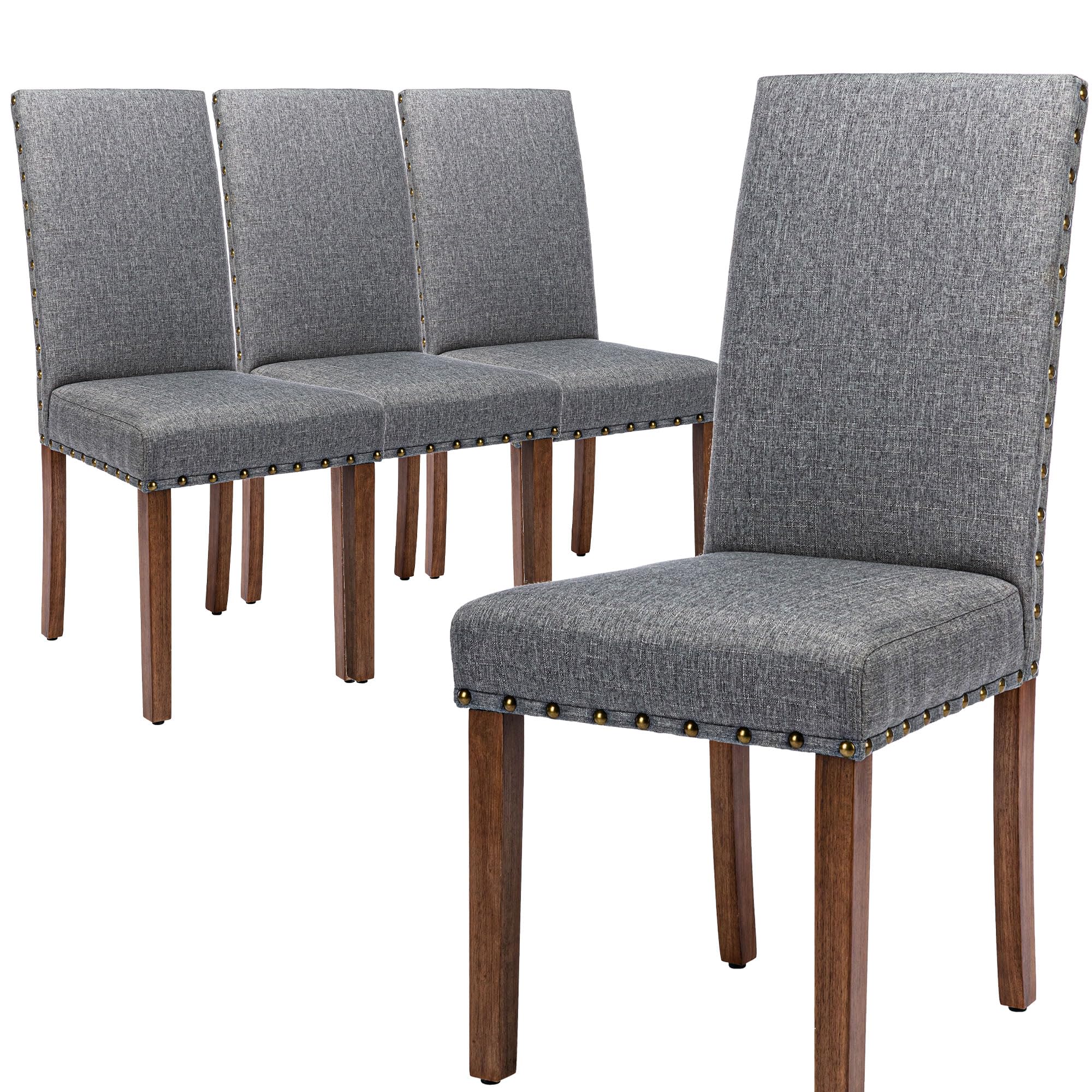 Stylish Upholstered Nailhead Trim and Sturdy Solid Wood Legs Parsons Chair, Set of 4, Grey