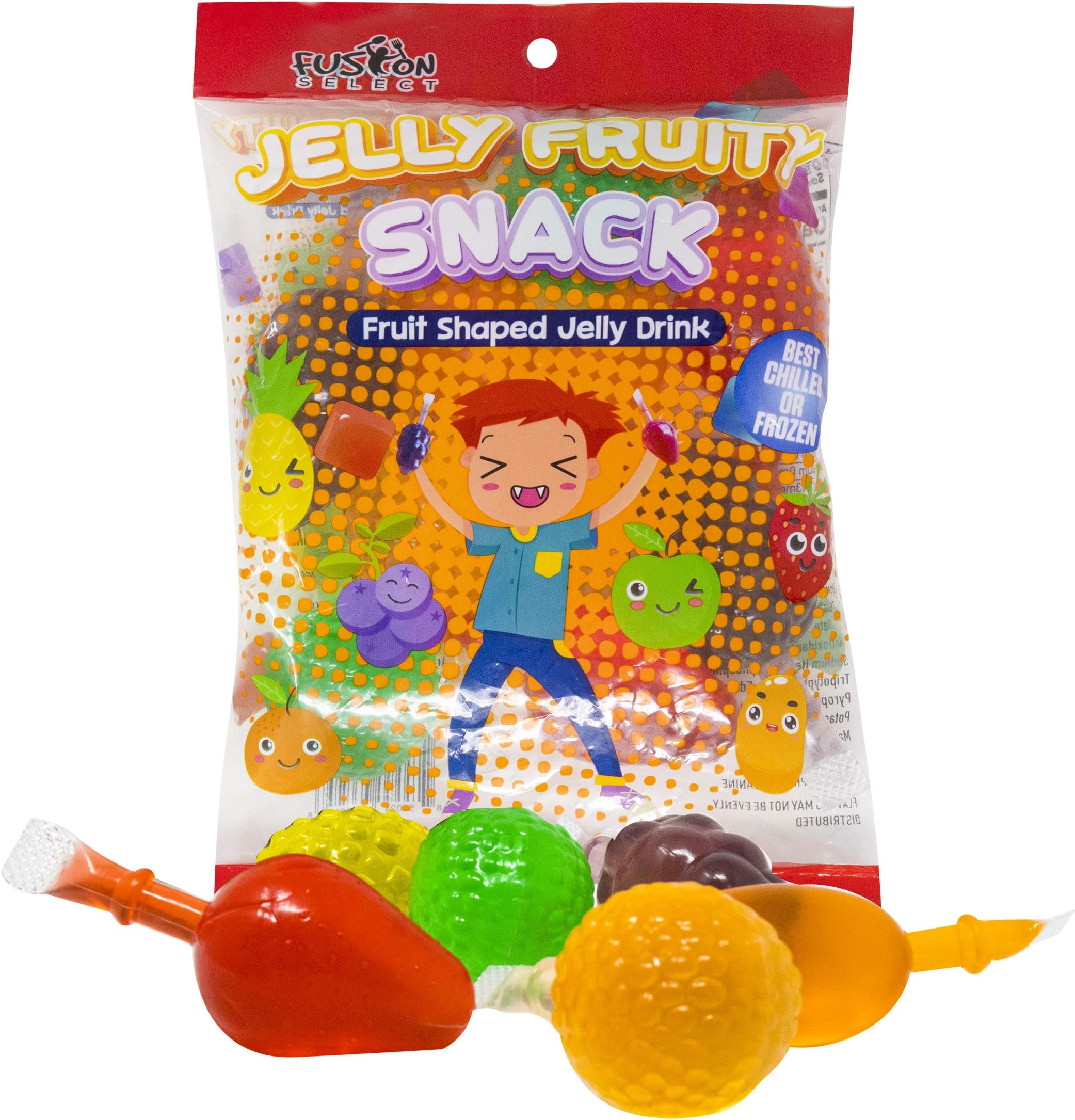 Fusion Select Jelly Fruit Snack Jelly Fruits Hit or Miss Challenge - Fruit-Shaped Jelly- Assorted Flavors, Strawberry, Orange, Apple, Pineapple, Grape, Mango (1 Bag)