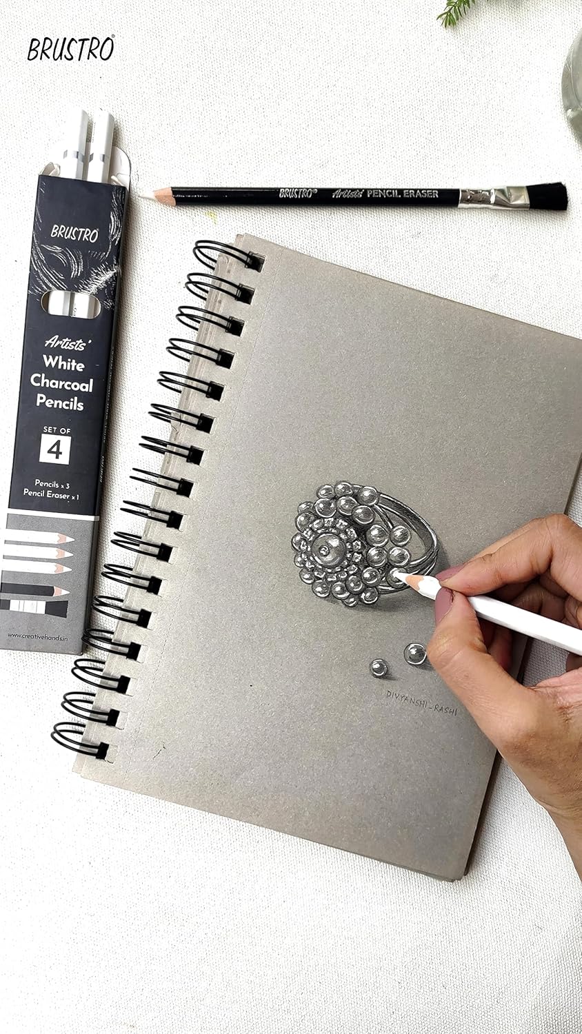 BRUSTRO Artists White Charcoal Pencil Set | 5mm, Set of 3 + 1 Pencil Eraser | Ideal for Students,Adults, School,Office use, Charcoal works, Sketching, Shading, Blending, Drawing, Art, Craft, Non-toxic