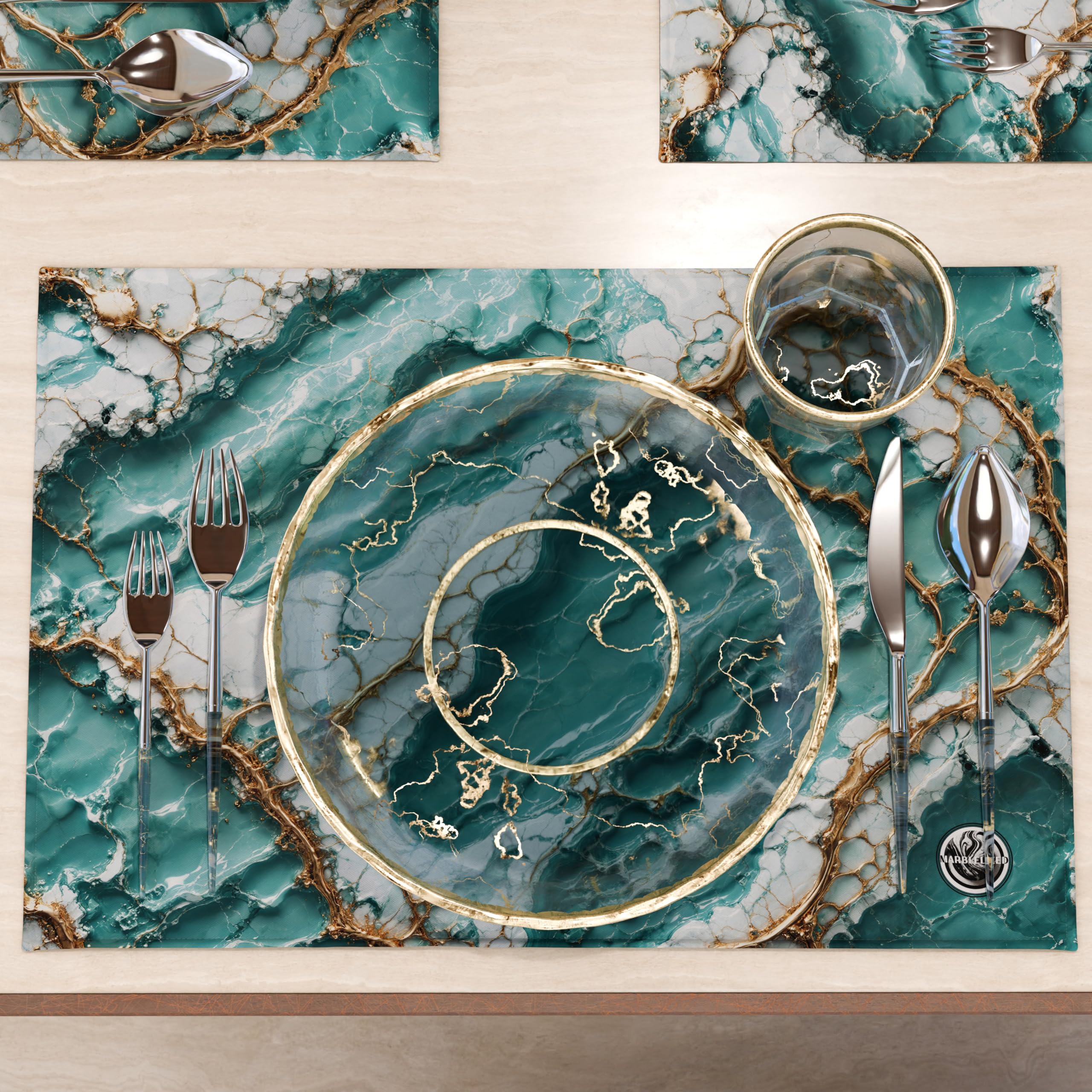MARBLELIZED - Washable American Placemats, Blue Marble Effect Fabric Placemats, Set of 2 (30 x 45 cm) - Elegant, Ideal for Breakfast, Lunch and Dinner, Gift Idea, 100% Made in Italy - Image 3
