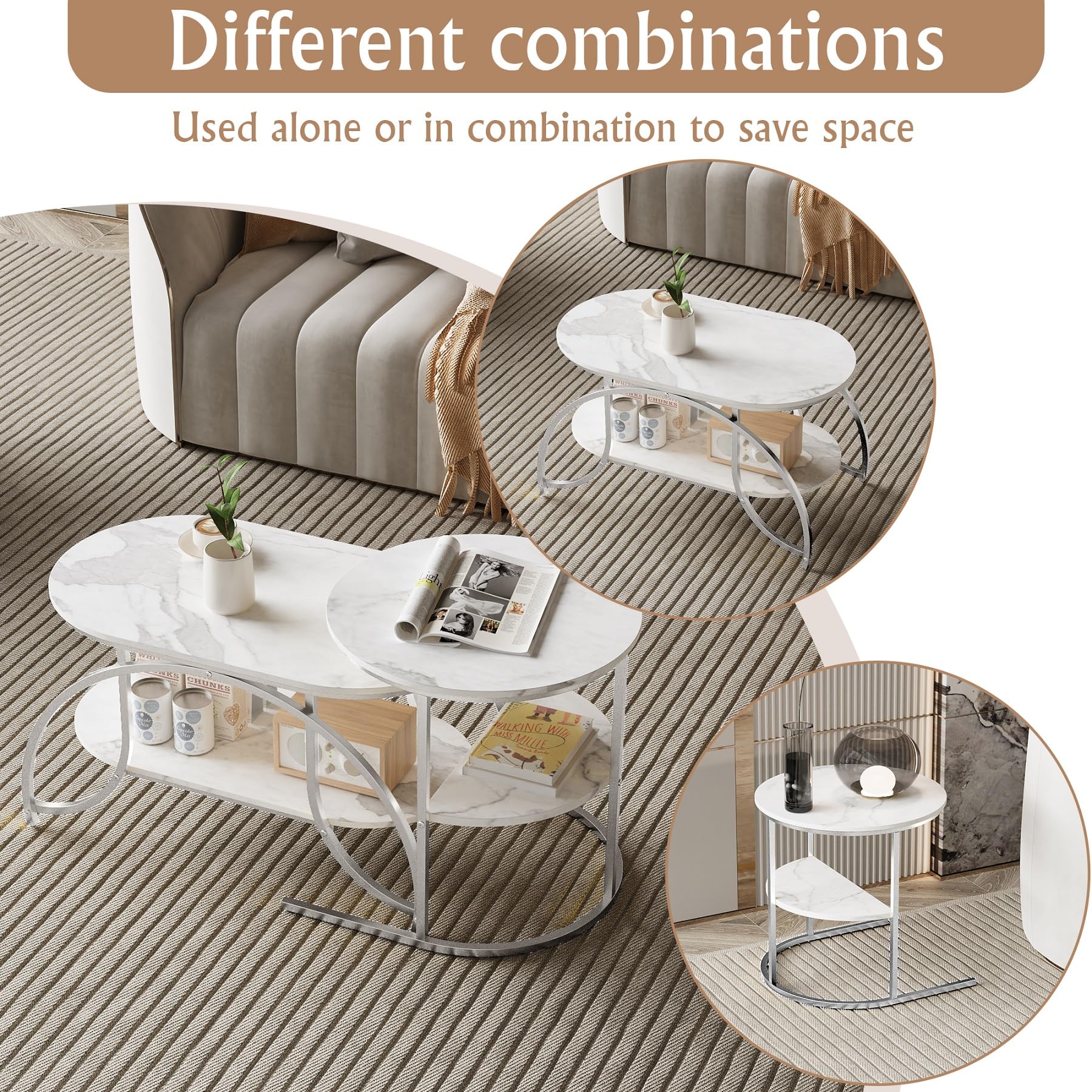 Lot de 2 Tables Basses, Table Gigogne Design Marbre, avec Espace de Rangement, Cadre en Métal, pour Canapé, Salon, Chambre (Argent + Blanc, 80x46x45 cm)
