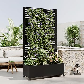 Outdoor Privacy Screen with Planter, 36 x 16 x 73 inches, Wheeled Garden Bed with Grid, Vertical Planter Box with Drainage Rectangle