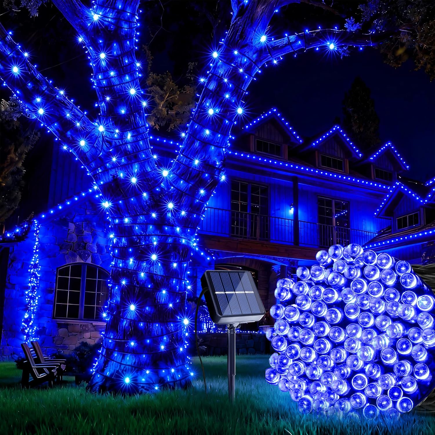 Joomer Solar Christmas String Lights, 39FT 100LED Waterproof Outdoor Lights with 8 Modes Twinkle Fairy Light for Garden, Patio, Yard, Tree and Christmas Decor (Blue)