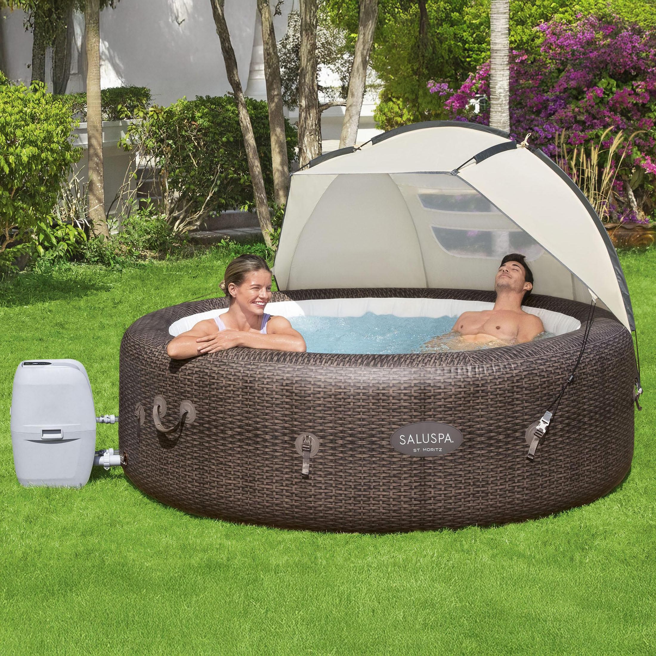 Bestway SaluSpa - Parasole antivento con protezione UV, accessorio per fissaggio, con finestre in rete, per vasche idromassaggio gonfiabili rotonde (solo parasole)