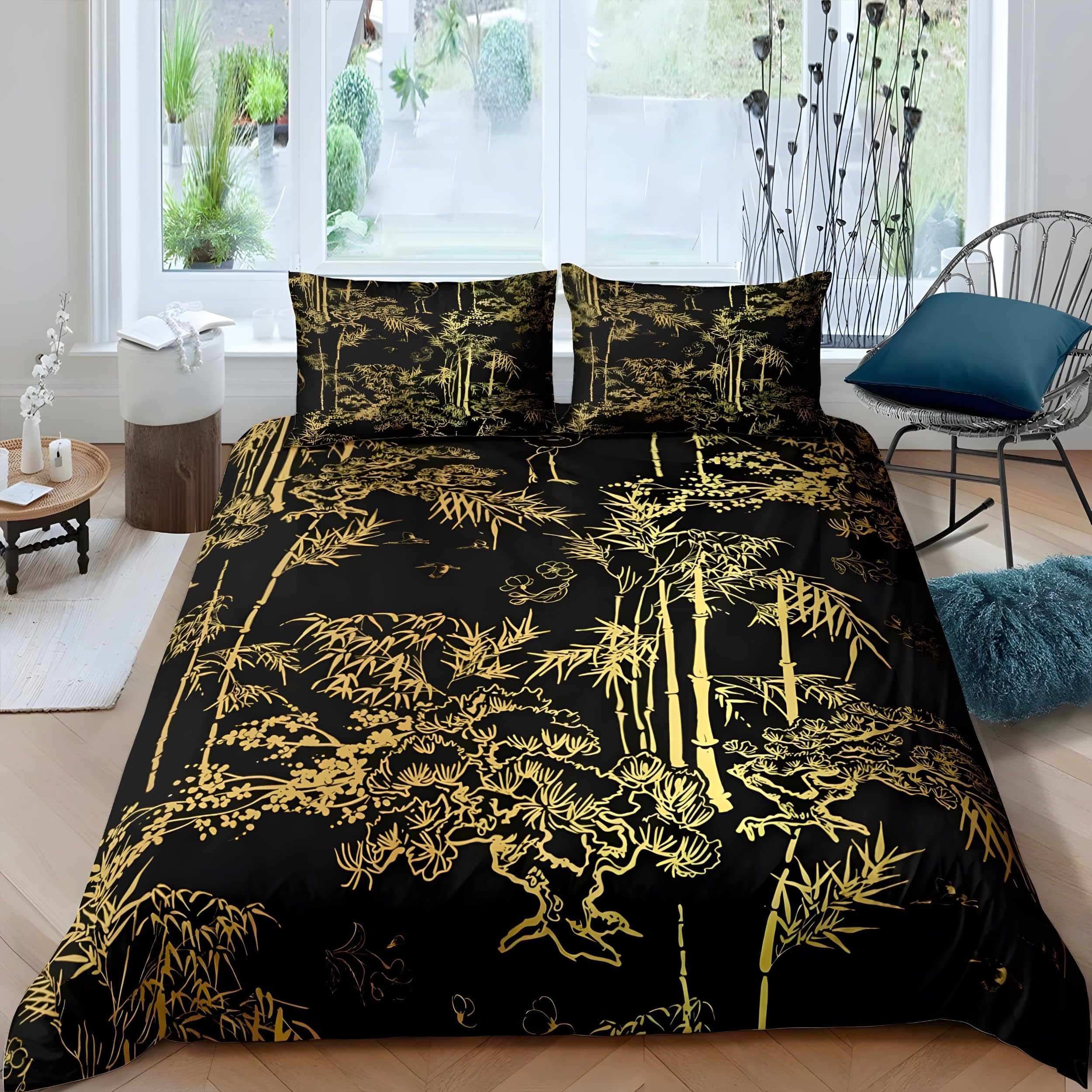 YZQGLHP Black and Gold Bamboo King Duvet Cover Sets Oriental Plants 3D Printed Duvet Cover Bedding Comfortable Microfiber Duvet Cover and 2 Pillowcases 50x75 cm, Perfect