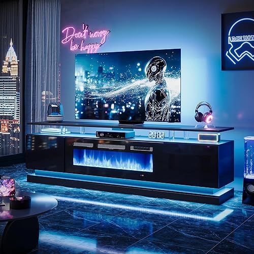 70" Fireplace TV Stand, Modern Entertainment Center for TVs Up to 80”, TV Console with Storage Cabinets, Media Console for Living Room, Black TV Stand and Black Fireplace