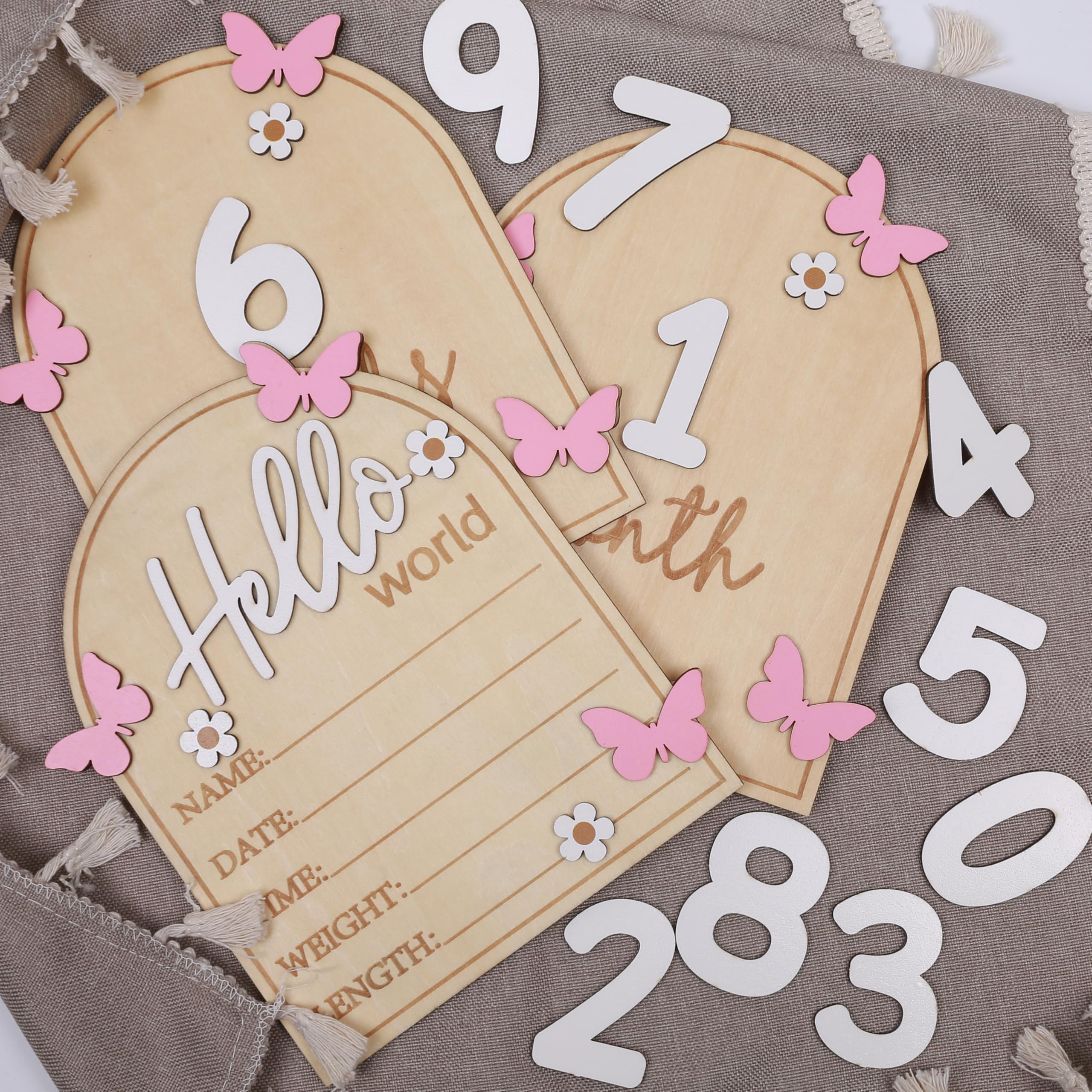 Pink Butterfly Hello World Newborns Welcome Board,3D Wooden Monthly Milestone Cards,Pink Butterfly Newborn Birth Announcement Board,for Baby Shower