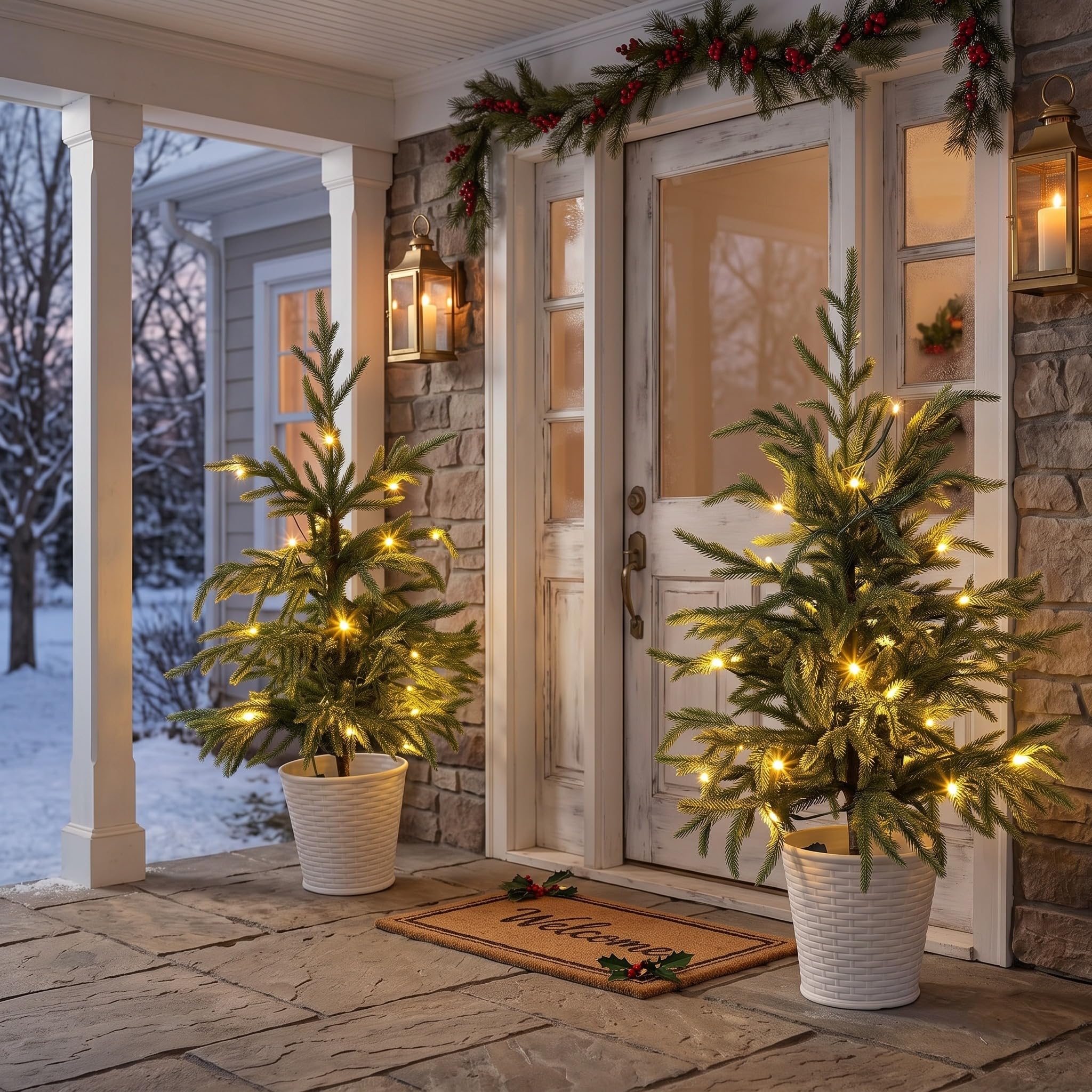 Cinnvoice Norfolk Lot de 2 sapins de Noël artificiels de 0,6 m avec lumières LED sur la table - Sapins de Noël pré-éclairés à piles pour intérieur ou extérieur - Décoration de vacances