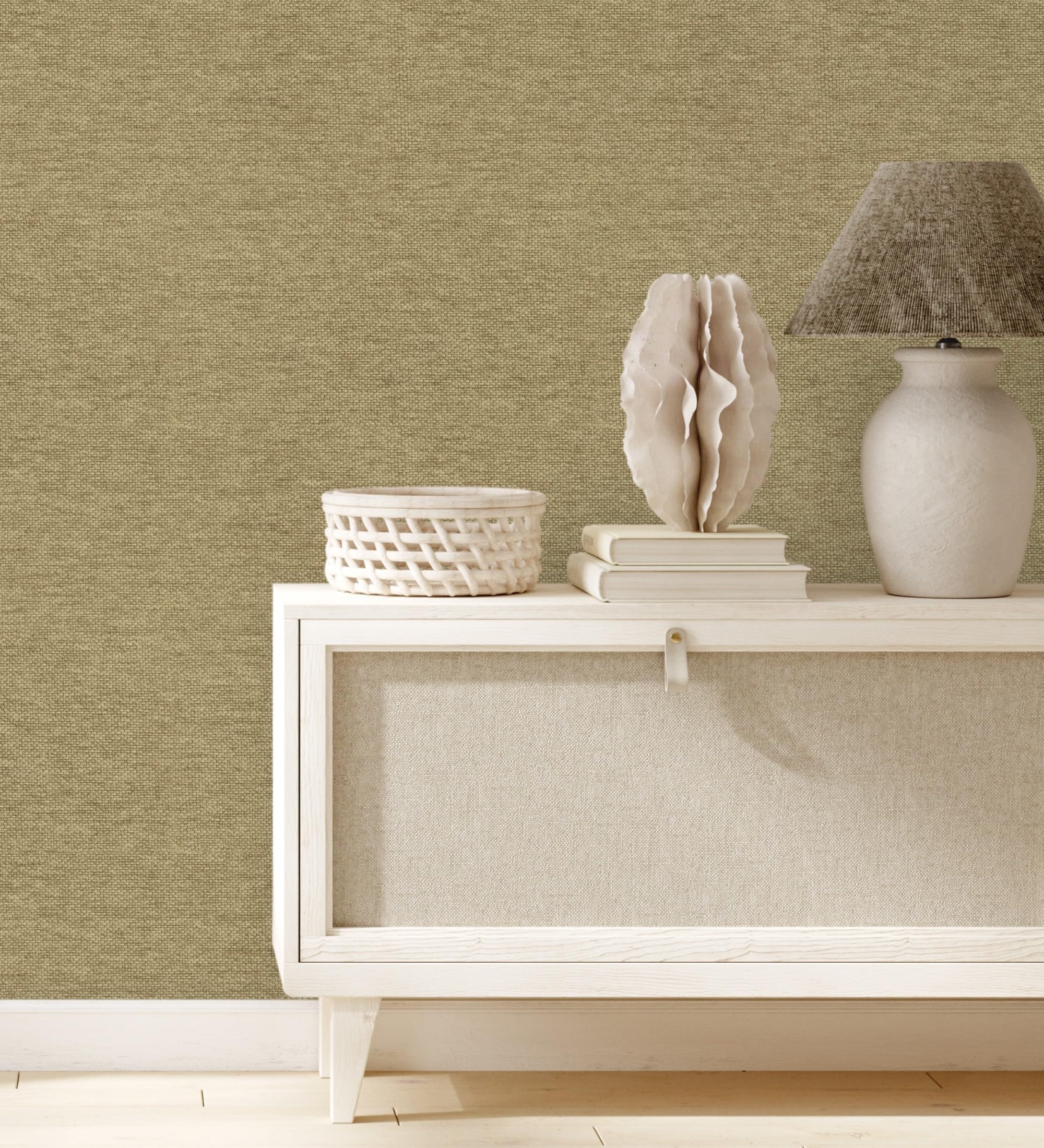 GAULAN 682881 - Papel pintado vinílico efecto fibra vegetal imitación rafia en relieve color oro viejo para pared salón cocina dormitorio pasillo - Rollo de 10 m x 0,53 m