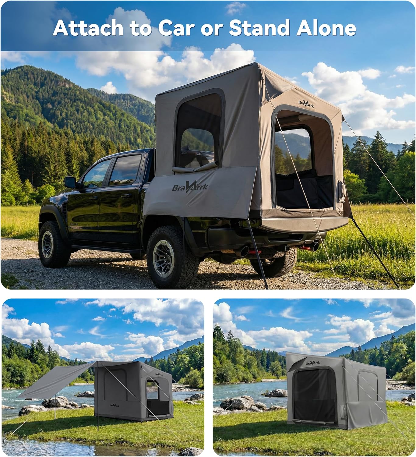 Inflatable Truck Bed Tent with Detachable Zippered Awning, Pickup Truck Tent for 5.5ft-8ft Bed, 2 Mins Fast Setup Blow Up Tent for Truck, PU3000 Waterproof Truck Tent for Camping