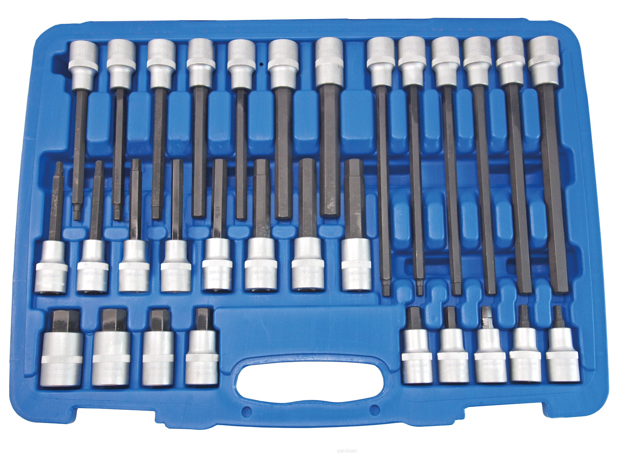 SW-Stahl 04923L Set Punte Cacciavite Esagonali e Chiavi a Bussola, 30 Pezzi | Kit bussole metriche 5-19 mm in acciaio S2 e cromo vanadio, attacco 1/2 pollice, durezza 60 HRC per officina