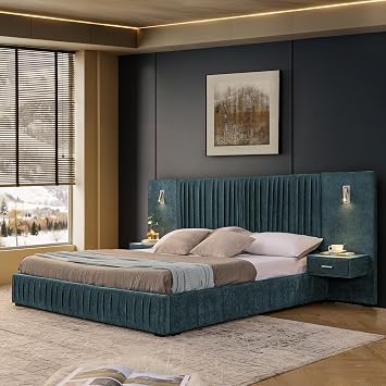 extrasleep King Size Luxury Upholstered Platform Bed Frame with Wingback Headboard, Modern Grounded King Platform Bed with Built-in Nightstands and Adjustable Lamps, No Box Spring Needed, Blue-Green