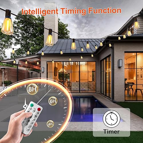 Miniatura 4 de Guirnalda de luces solares de 100 pies para exteriores, impermeable, con control remoto, 30+2 bombillas LED ST38 inastillables para porche, jardín,