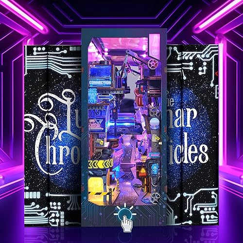 Miniatura 2 de Cyberpunk - Kit de rincón de libro con luz LED, rompecabezas de madera 3D para decoración de estantes de libros, kit de casa de muñecas de