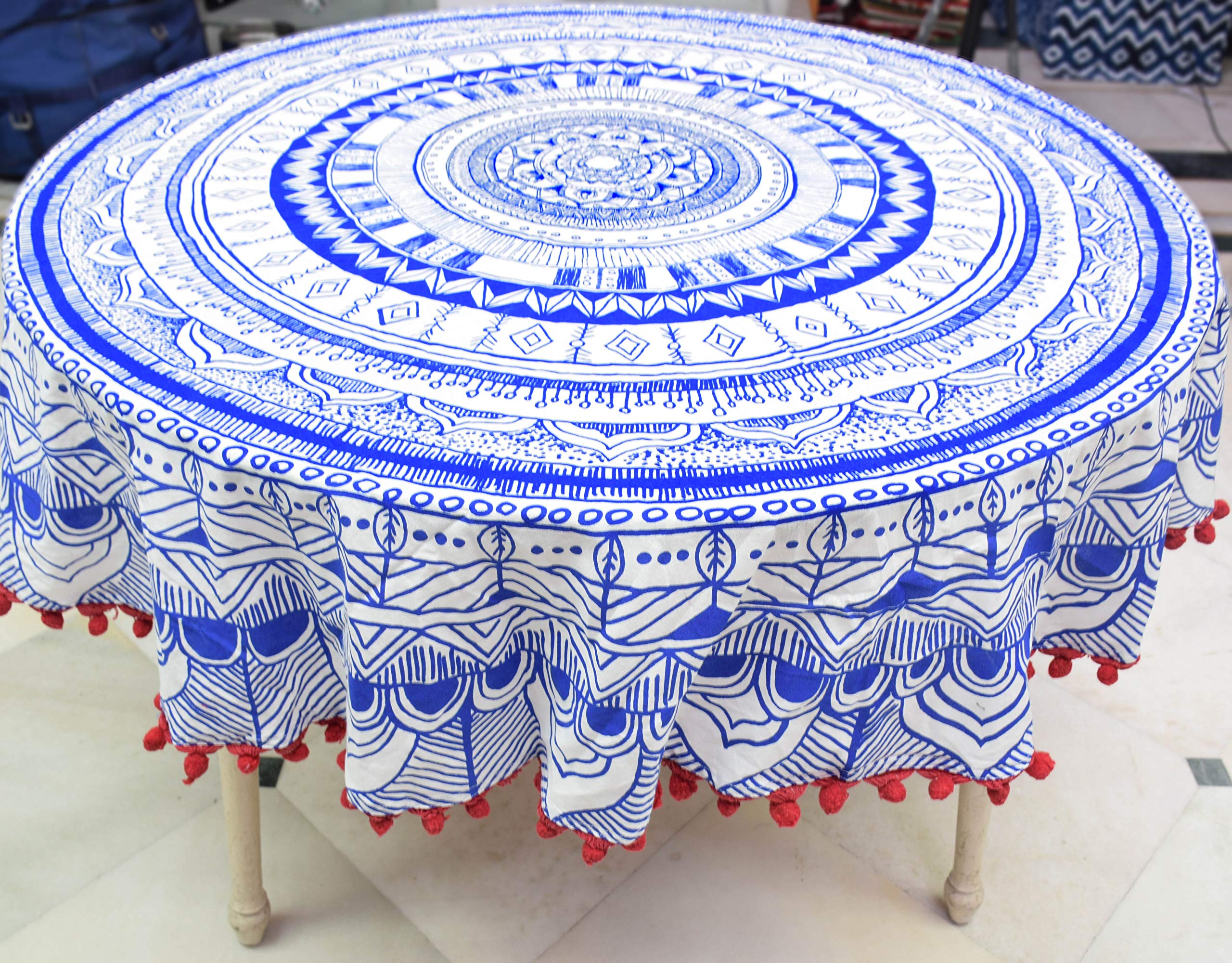 Pom-Pom Tablecloth Cotton Linen Table Cover for Kitchen Dining Table Top Decoration (Round, 72 Inch) (Blue & Red Pom Pom)