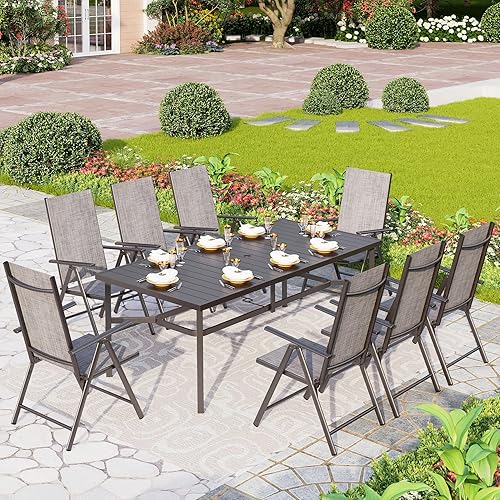 PHI VILLA Juego de comedor de patio de 9 piezas, muebles de patio al aire libre con sillas plegables portátiles ajustables para patio (gris) y mesa