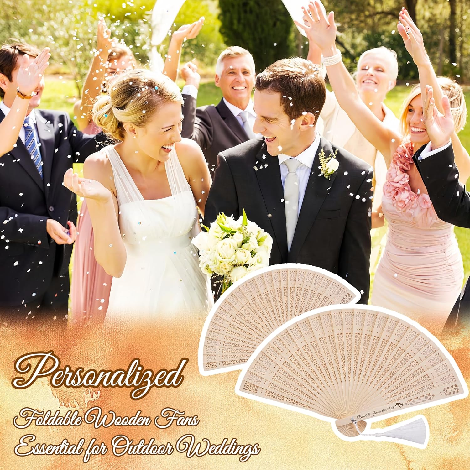 Custom Fans for Wedding Guests Personalized Folding Wooden Fans Bulk Handheld with Tassel and Yarn Bag Suitable as Gifts for Guests at Weddings Parties and Events (50)