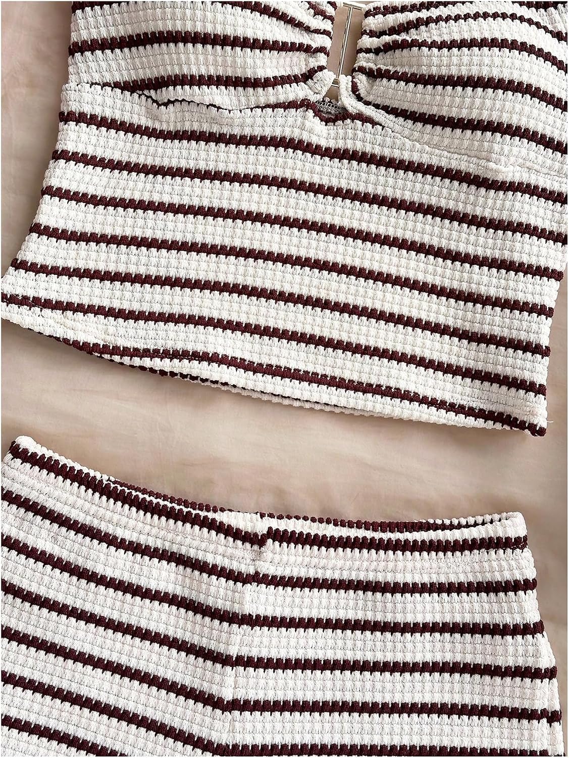 GORGLITTER Women's Summer Going Out Outfits 2 Piece Striped Knit Crop Halter Tops and Mini Shorts Beach Vacation Sets