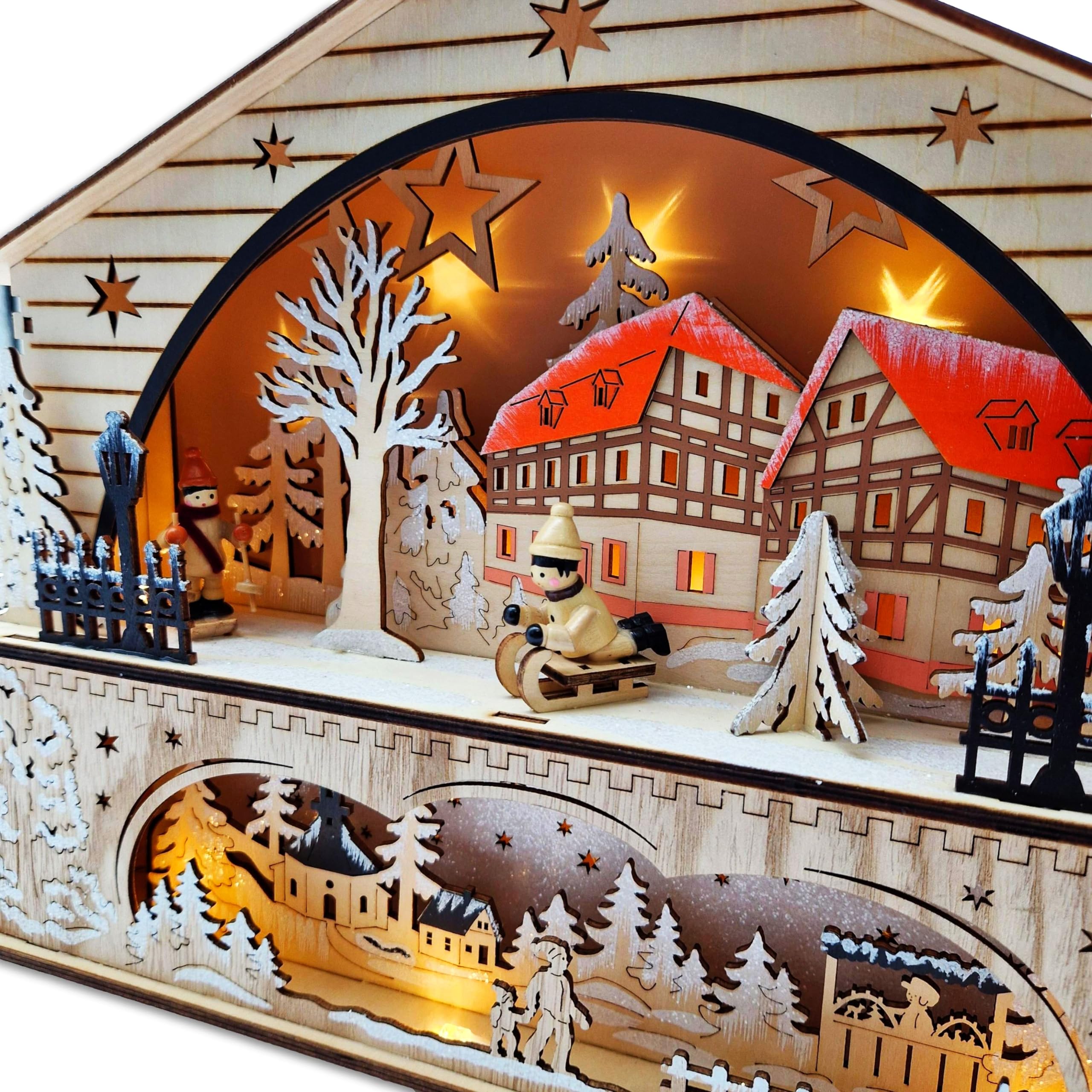 Wichtelstube-Kollektion Weihnachts-Dorf aus Echtholz, beleuchtete Weihnachtsdekoration für Innen Lichterbogen für Weihnachten, Weihnachtsdekoration, Holz, Handgefertigt mit 3D Effekt und Hologramm