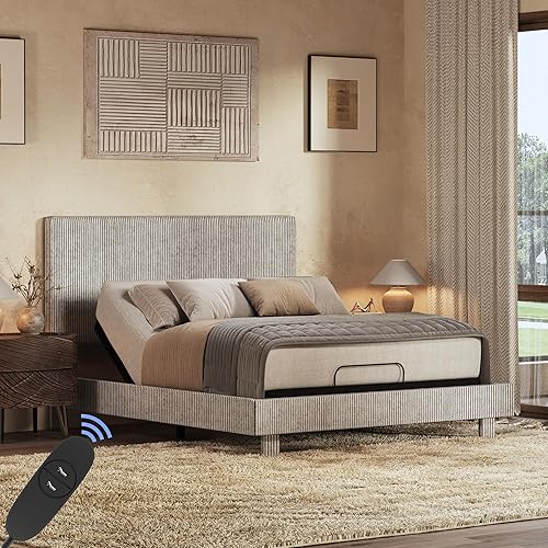 FLEXISPOT Cama ajustable todo en uno Queen con base de cama tapizada de terciopelo, cabecera acanalada de canal vertical, elevación de cabeza y