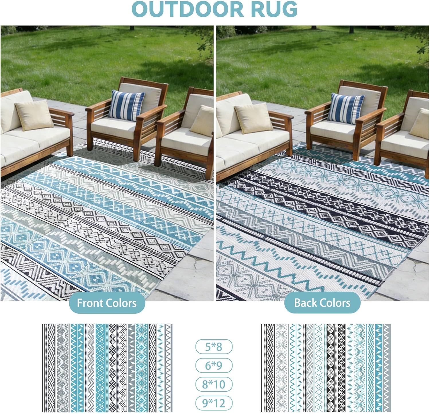 Outdoor Rug Waterproof 5 x 8 ft, Reversible Plastic Straw Rug for Patio, Large Outdoor Carpet for RV, Patio, Camping, Backyard, Deck, Picnic, Beach, Blue & Grey