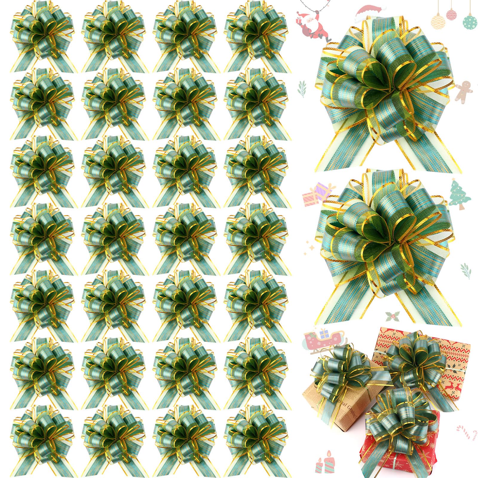 Poen 36 Pcs 6 Inch Pull Bow Christmas Gift Wrapping Pull Bow for Gifts Wrapping Party Birthday Holiday Gift Boxes Bow Basket Packaging Bows for Valentine's Day Presents Flower Decorations, Green