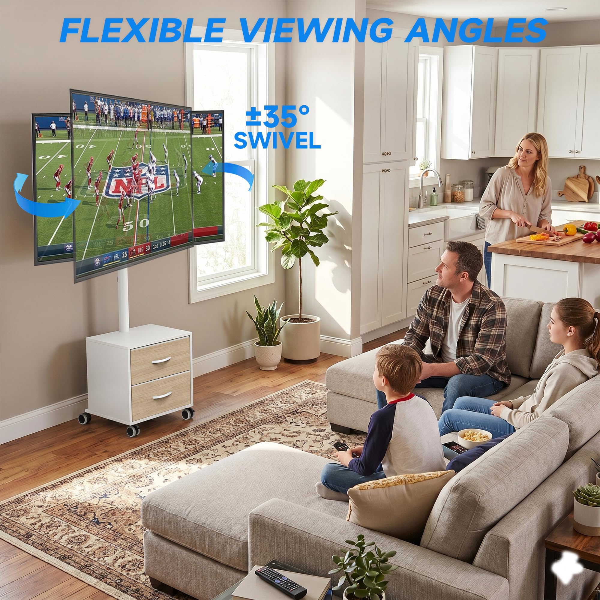 5Rcom Supporto TV bianco su ruote per TV LED LCD OLED al plasma da 32-60 pollici, mobile TV piatto curvo regolabile in altezza con staffa fino a 40 kg, supporto mobile per TV con cassetti max VESA 400