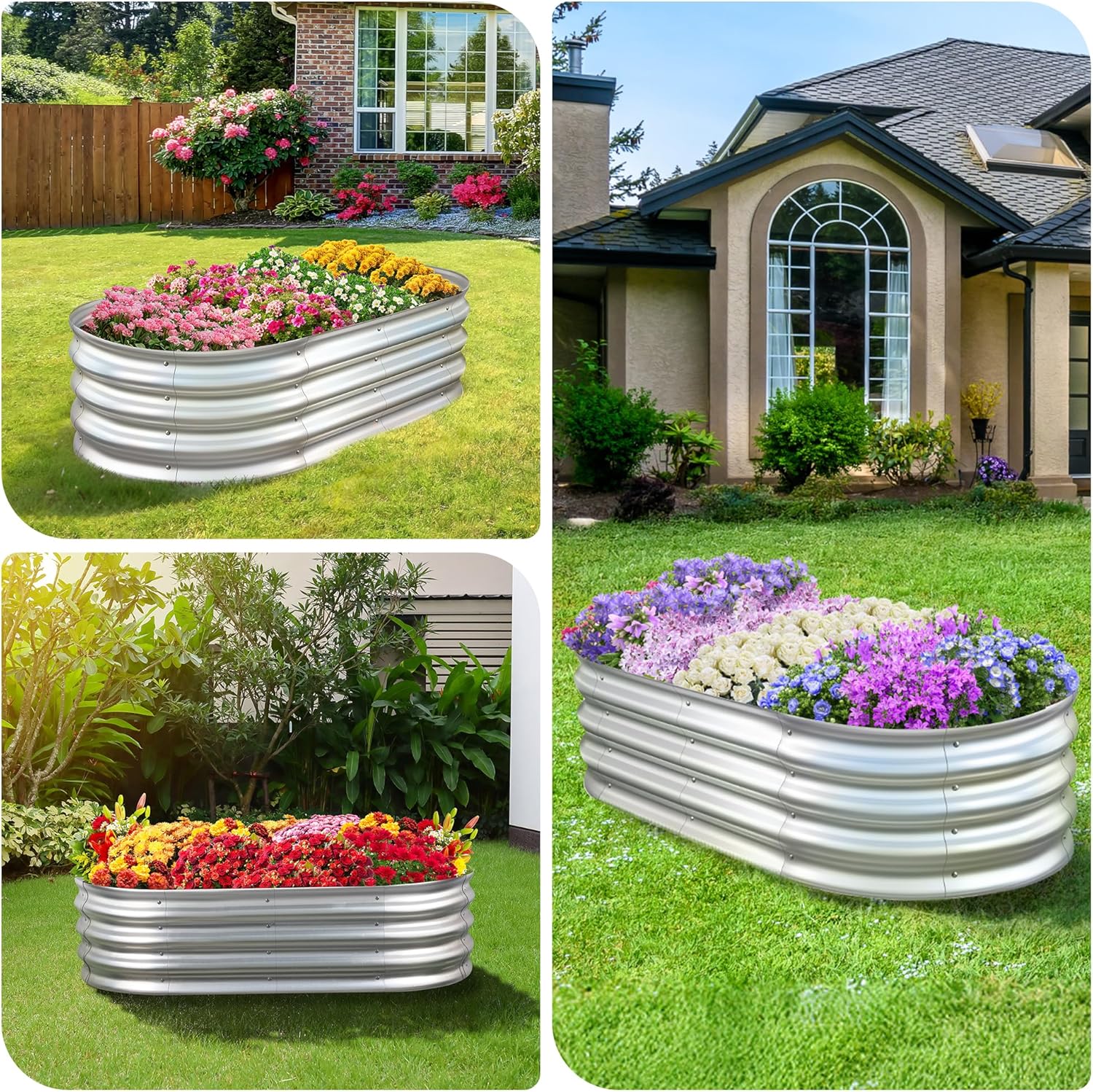 Sponvatt Raised Garden Bed, 4x2x1 Ft Galvanized Metal Planter Box (2 Pcs), Large Oval Outdoor Garden Bed Kit for Vegetables, Herbs, and Flowers, Silver