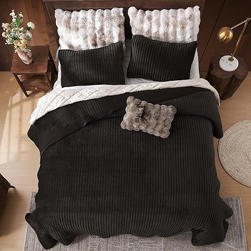 Miniatura 5 de SHALALA - Edredón de terciopelo tamaño King, juego de ropa de cama a rayas verticales, edredón de terciopelo ligero, lujoso y acogedor edredón con