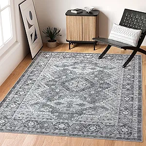 Rugland 5x7 Area Rugs - Stain Resistant Washable Rug, Anti Slip Backing Rugs for Living Room, Boho Vintage Tribal Area Rugs (TPR07-Grey, 5'x7')