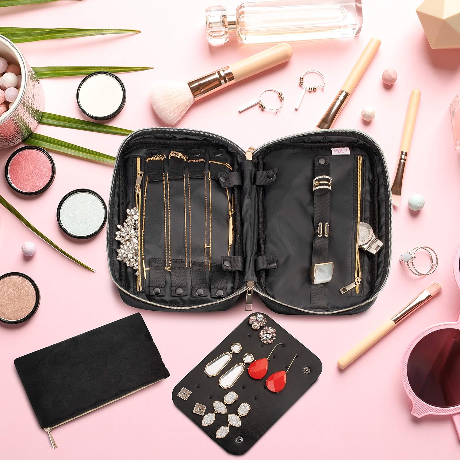 Ms. J Travel Jewelry Organizer, Travel Jewelry Storage Carrying Cases for Earrings, Necklaces, Rings, Bracelets, Travel Jewelry Case, Black