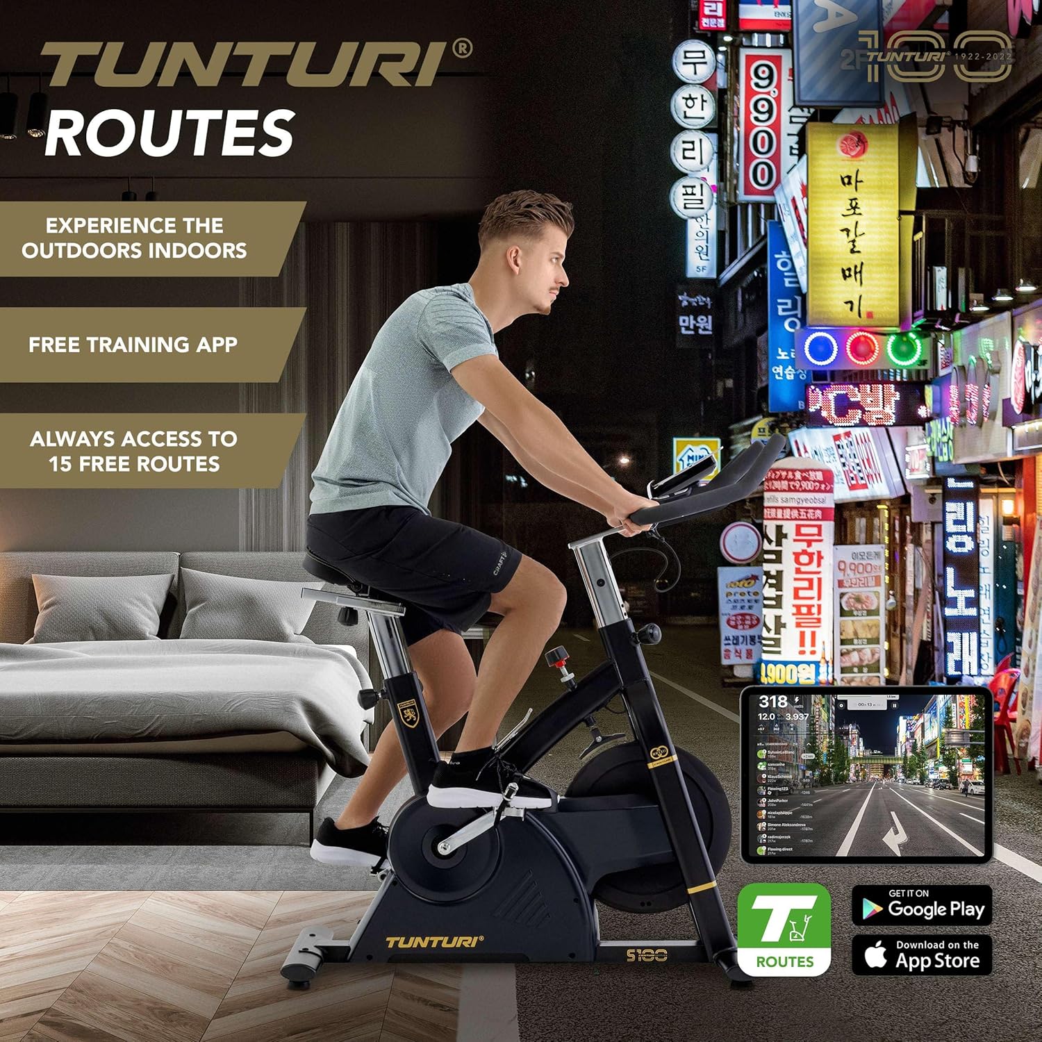 User cycling with Tunturi Routes app on tablet