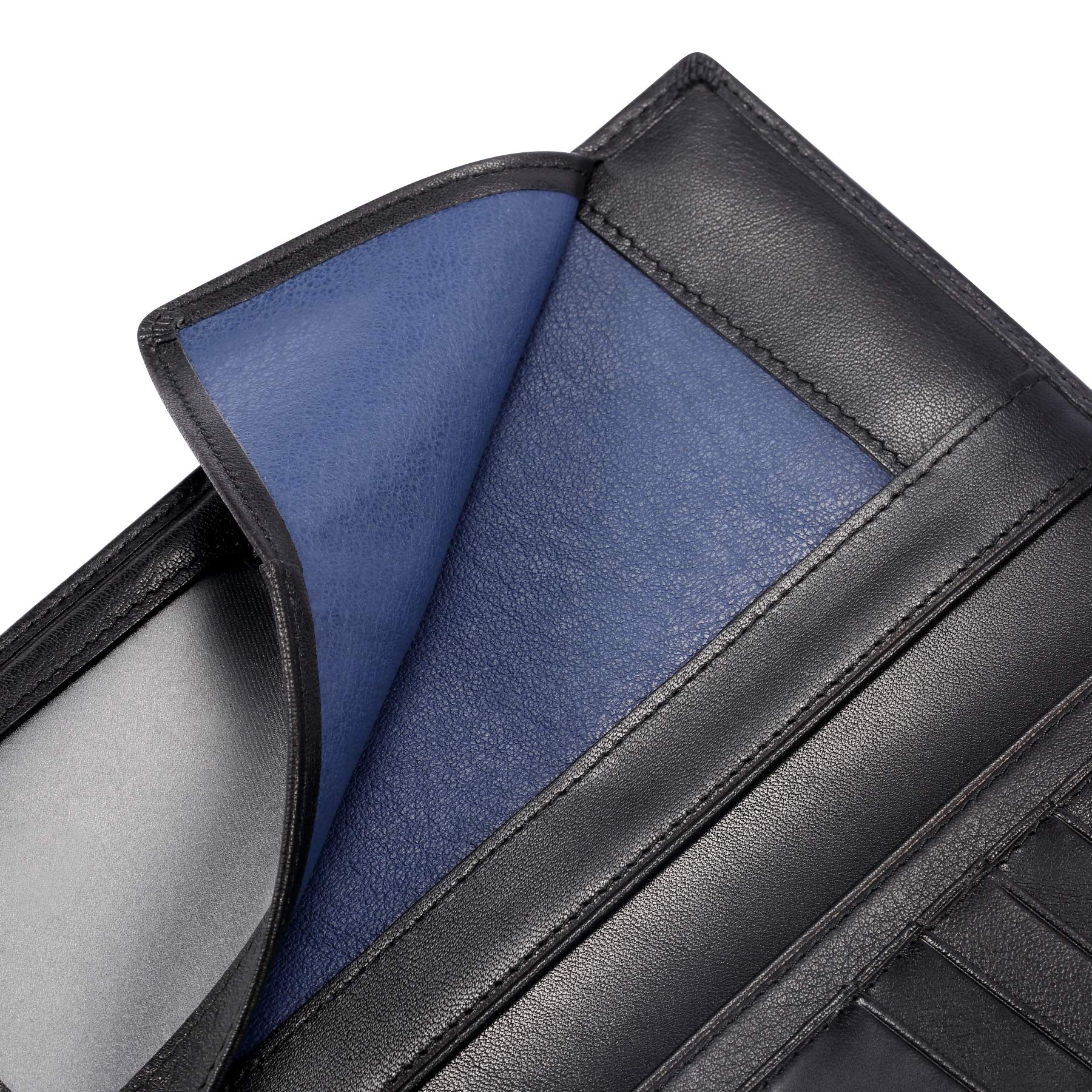 HISCOW Portafoglio lungo in pelle sottile per uomo e donna, pelle di vitello italiana, tasca sul petto per libretto degli assegni, carte di credito, Nero, L, Portafoglio bifold