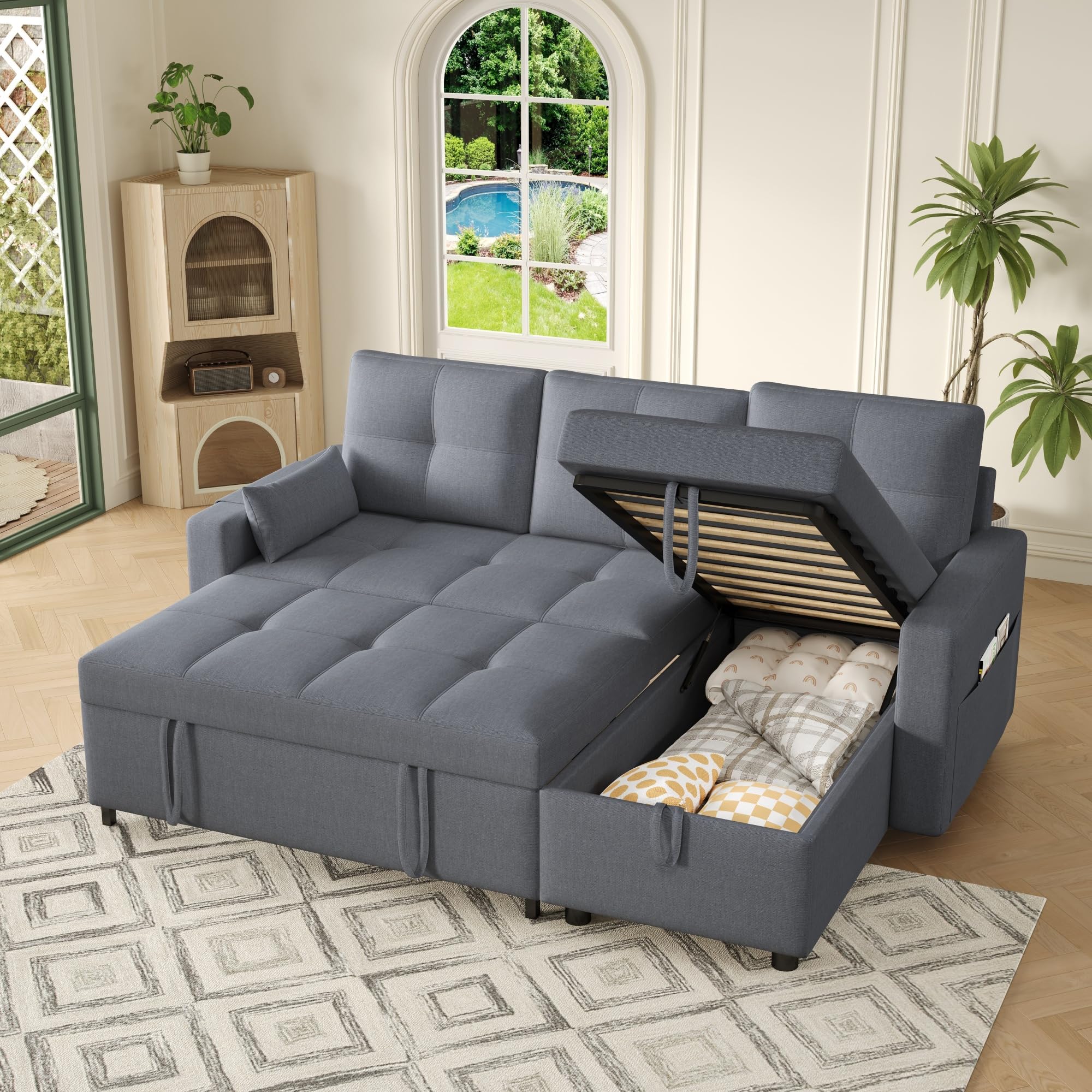 Divano angolare a L con funzione letto,Divano a 3 posti con letto estraibile e portabicchieri pieghevole,divano trasformabile con vano contenitore,tessuto di lino,per soggiorno,Grigio