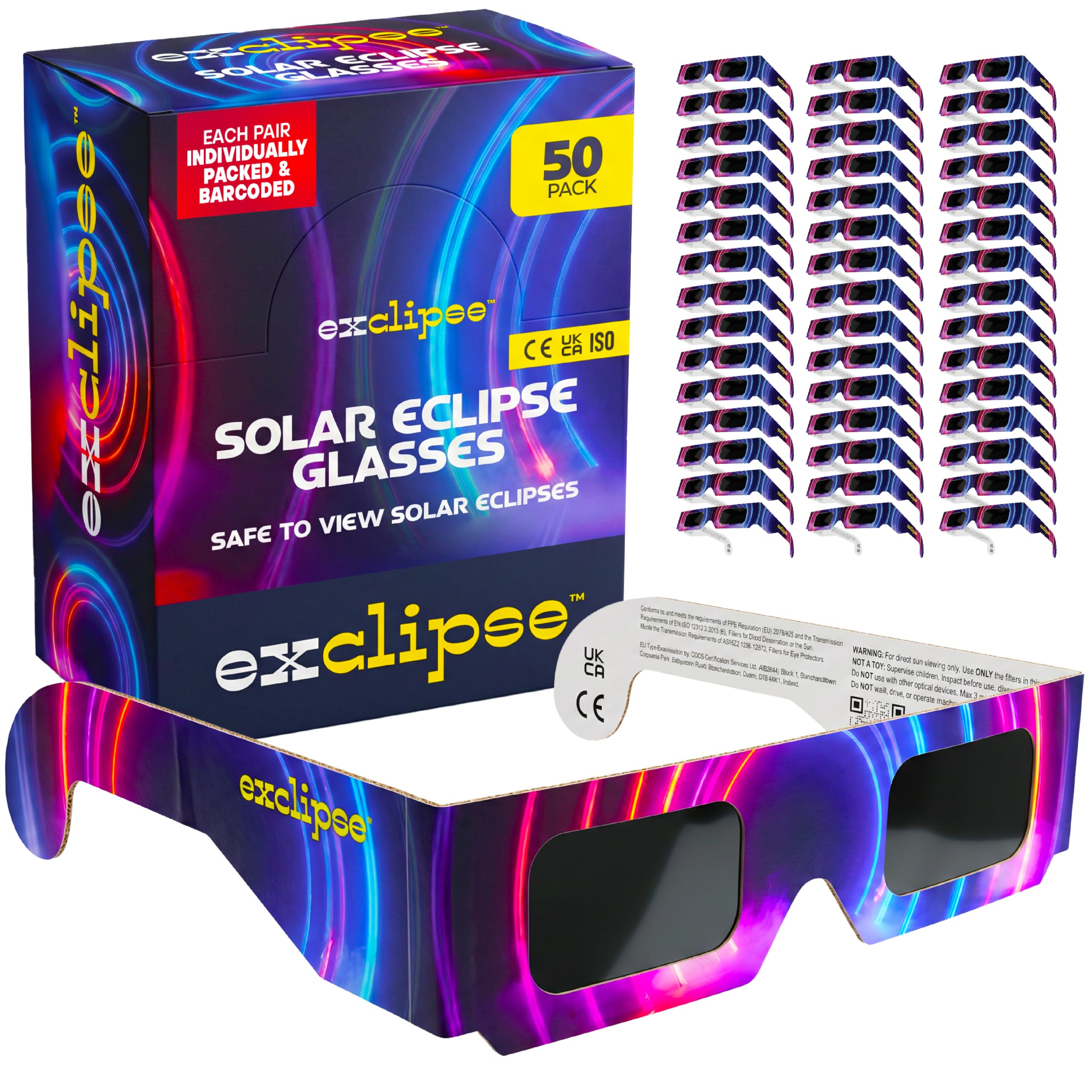 exclipse Solar Eclipse Glasses 50 Pack – ISO 12312-2 & CE & UKCA Certified Safe Sun Viewing Glasses, Direct Solar Observation, AAS 2026 Approved, Bulk Pack